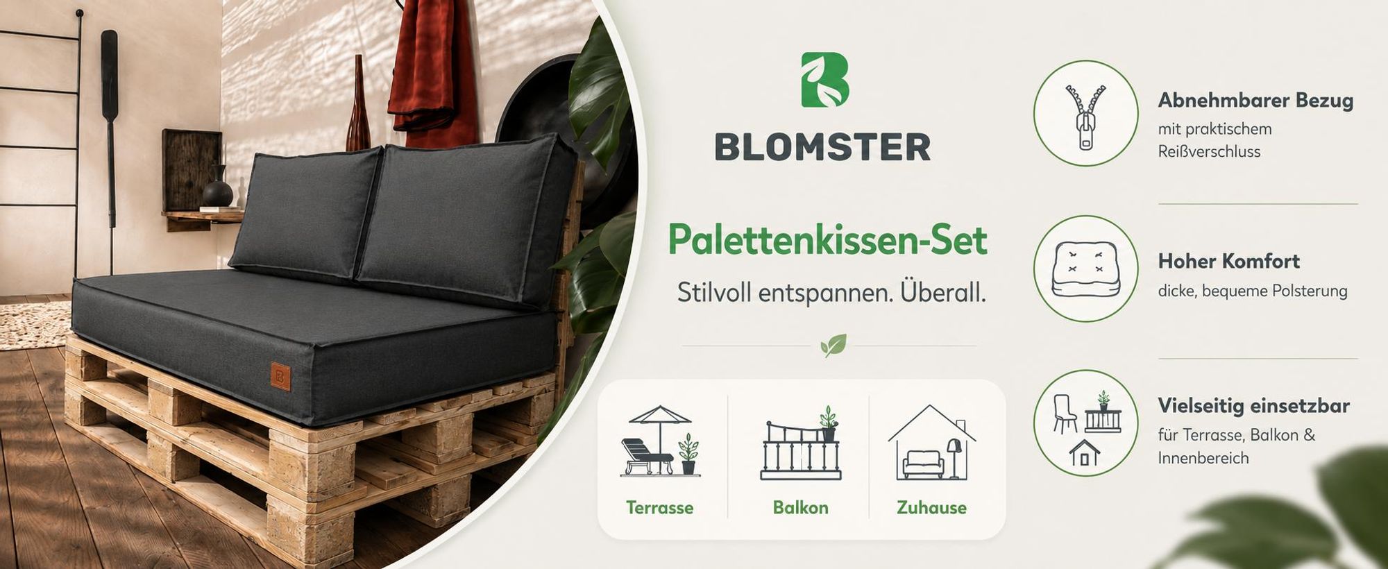 Blomster Palettenkissen 3er-Set für Gartenmöbel 120 x 80 cm