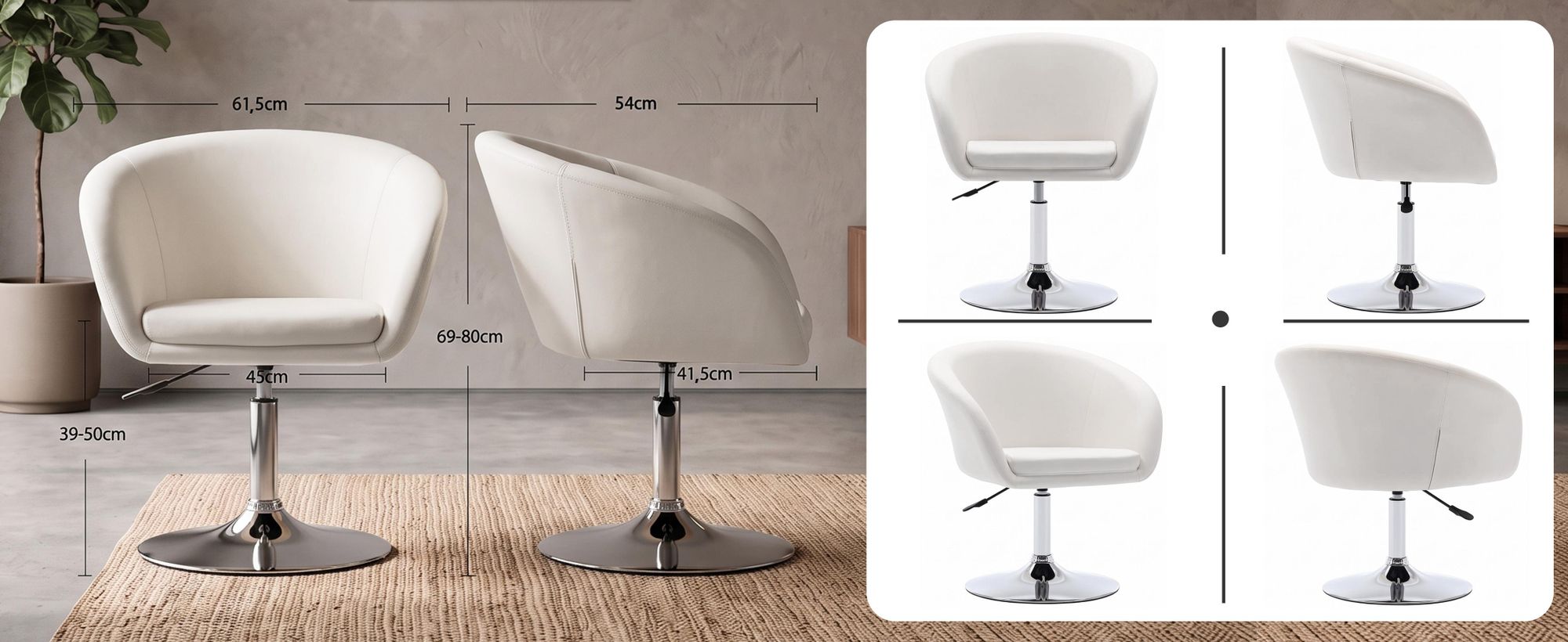 Duhome Fauteuil club Fauteuil cocktail en similicuir Fauteuil lounge réglable en hauteur Tabouret pivotant avec accoudoirs et dossier, blanc