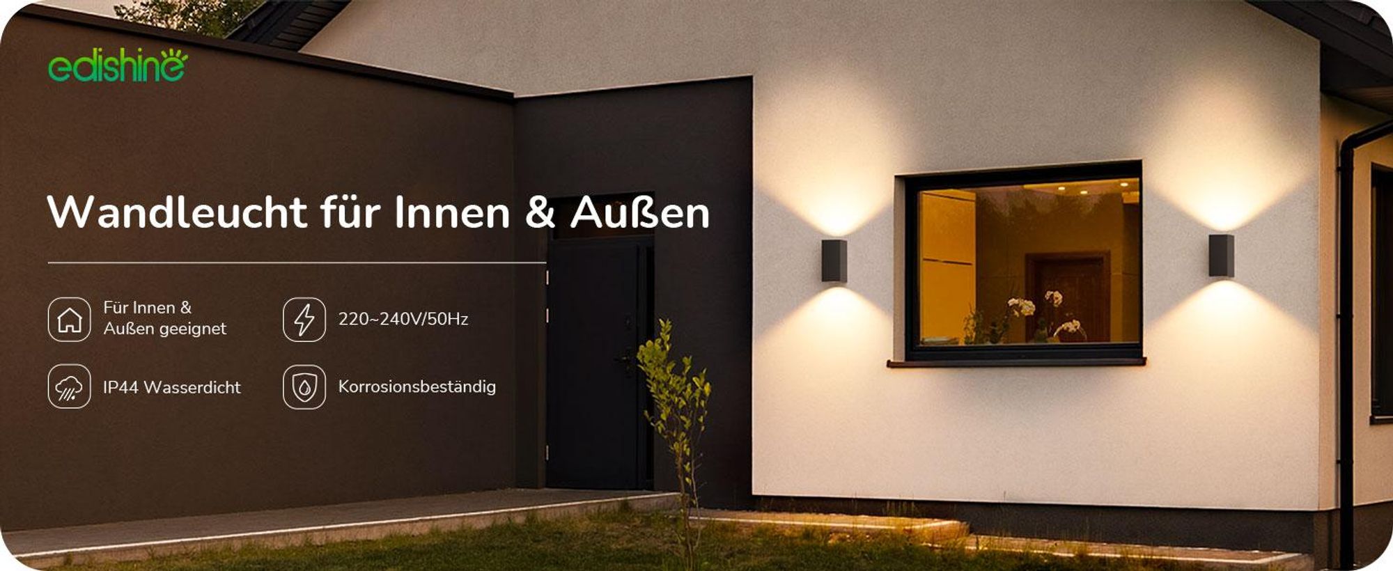 EDISHINE 2er LED Wandleuchte Aussen Schwarz, Up-Down Wandlampe Einstellbarer Lichtstrahl, IP44 spritzwassergeschützt