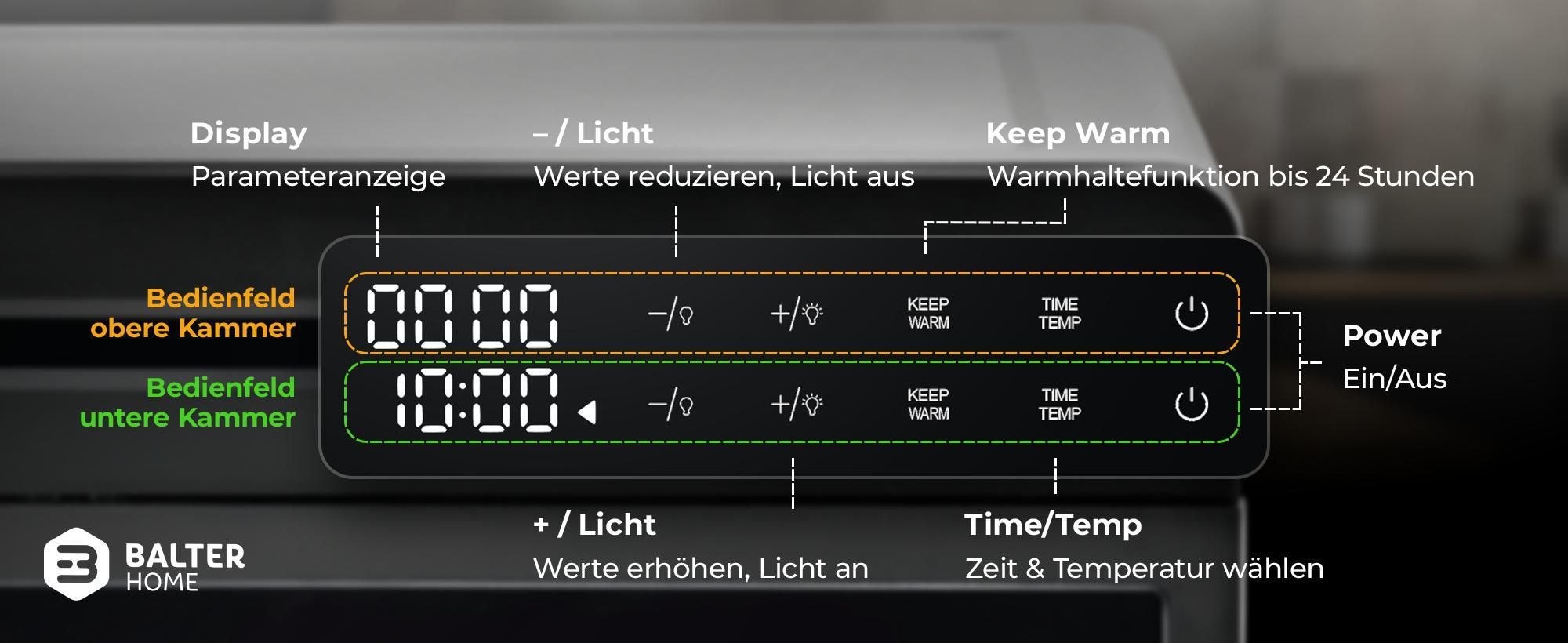 Balter Dörrautomat Edelstahl mit 12 Etagen & 2 Kammern, 1000 W, Dörrgerät, LED-Display, 48-Stunden-Timer und Temperaturregelung, Dehydrator, BPA-frei