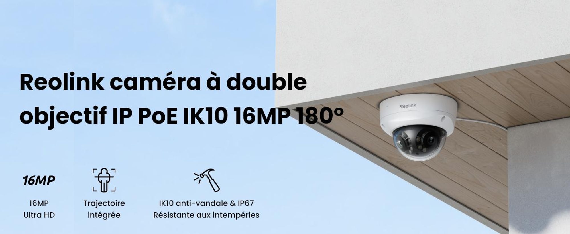 Reolink Duo 3V PoE, 8K 16MP 180° double objectif PoE Caméra IP, IK10 Vandal, Vision nocturne par spotlight, Détection intelligente & alarmes, Audio bidirectionnel, IP67