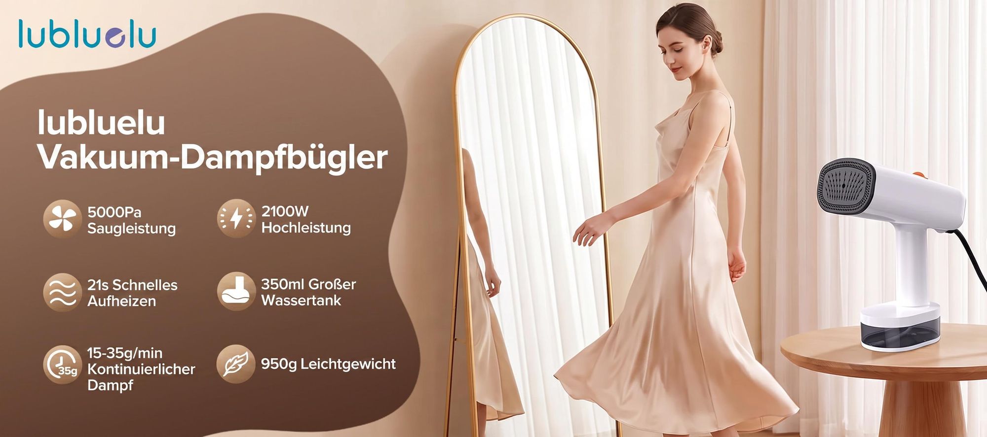Lubluelu 2IN1 5000Pa Dampfglätter mit Saugfunktion Dampfbürste Steamer Kleidung Bügelgerät Vertikal Dampfglätter 2100W 35g/min Weiß