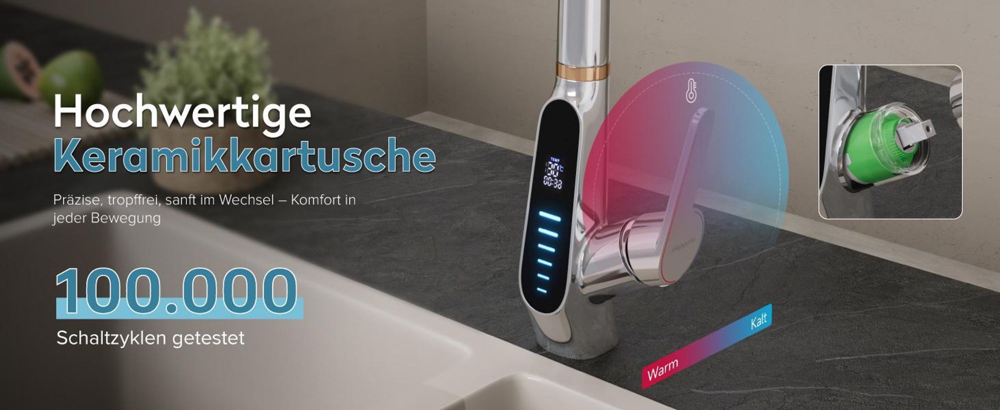 doporro Wasserhahn Küche Hochdruck mit Digitalanzeige, Ausziehbare Vollmessing-Körper Spültischarmatur, Einhebel-Mischbatterie Küche Schwarz MS-8085