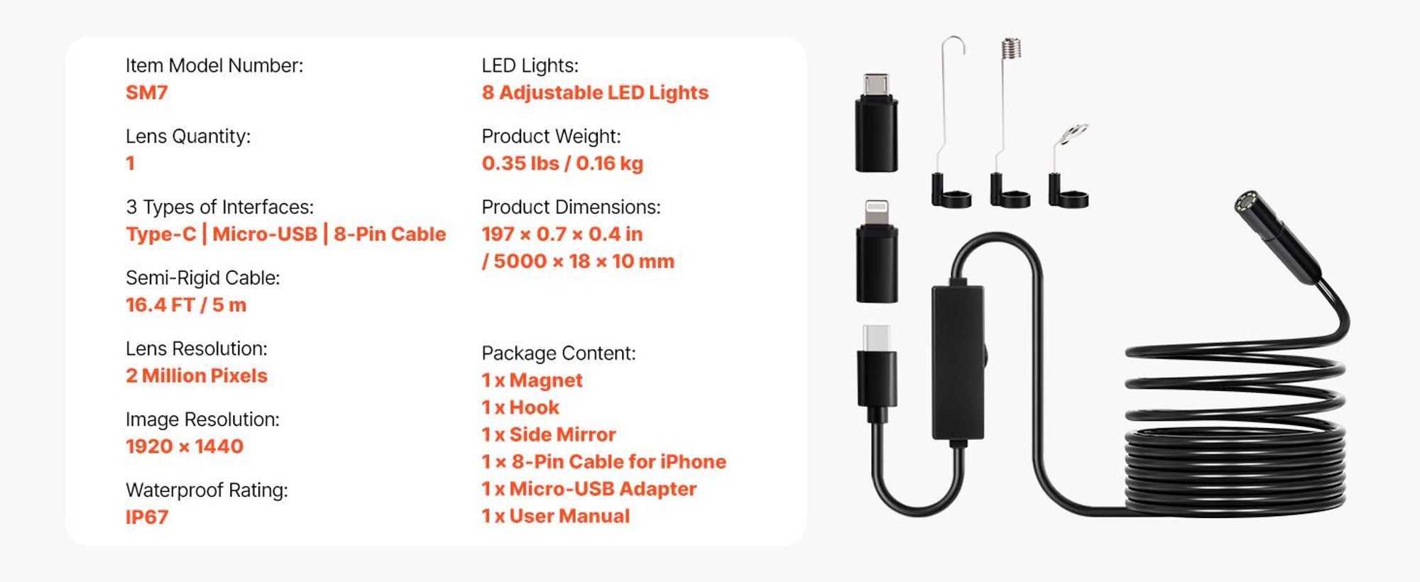 VEVOR Endoskopkamera mit Licht, Dual-Linsen-Boreskop für Android & IOS, 1920P HD Inspektionskamera mit 8 + 1 LED-Licht, 2X Zoom, 5m Schlangenkabel, IP67 wasserdichte Schlangenkamera für Auto, Sanitär, 5 m-a, Einzelobjektiv-b