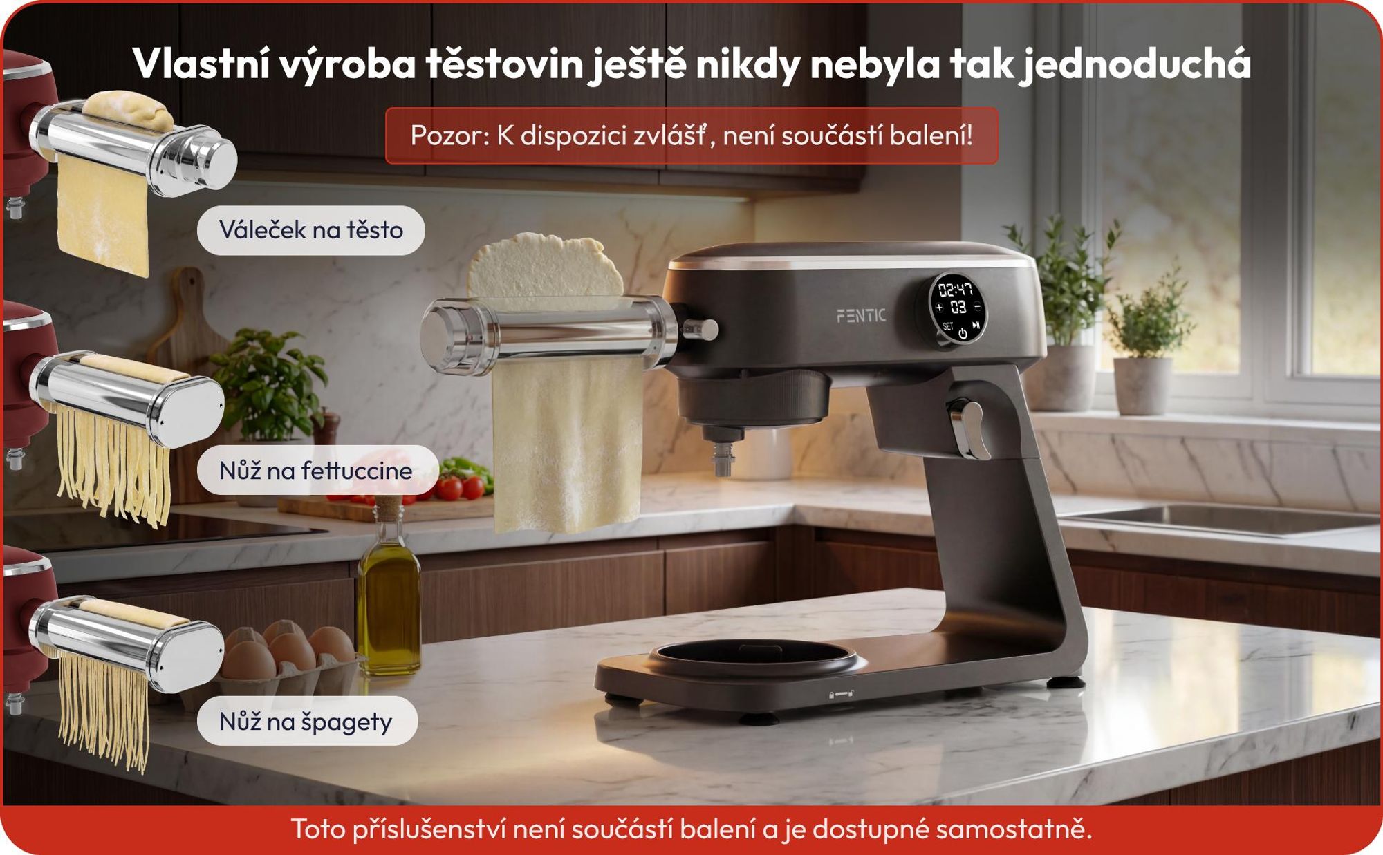 Fentic Kuchyňský robot 1800W, 7L nerezová mísa, Hnětač na chlebové & pizza těsto, Planetární pohyb, 10 rychlostí časovač & ochrana proti rozstřiku