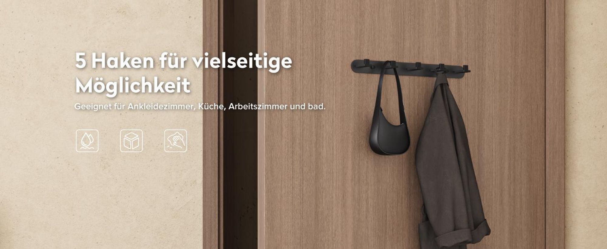 doporro Garderobenhaken Edelstahl, Kleiderhaken Wand mit 5 Haken, selbstklebend & ohne Bohren Matt schwarz für Jacken, Handtücher Stalo-09