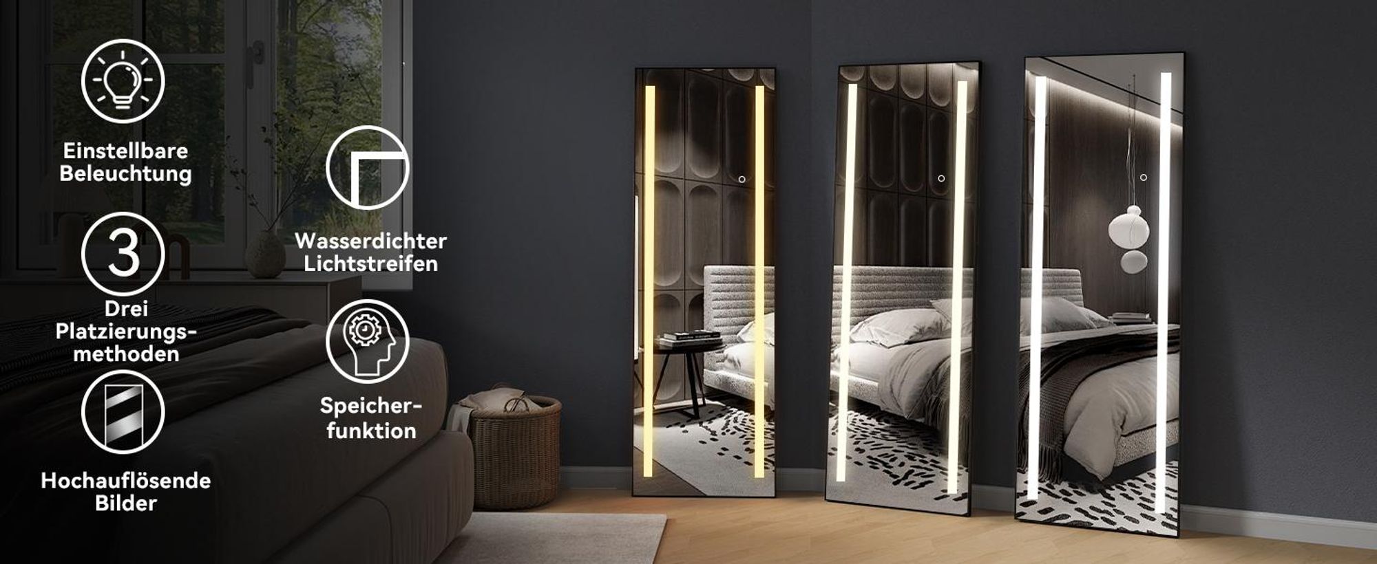 Puluomis Ganzkörperspiegel 150x50 cm mit 3 Farben Beleuchtung dimmbar, mit Aluminiumrahmen horizontal/vertikal zur Wandmontage oder zum Stellen/Lehnen
