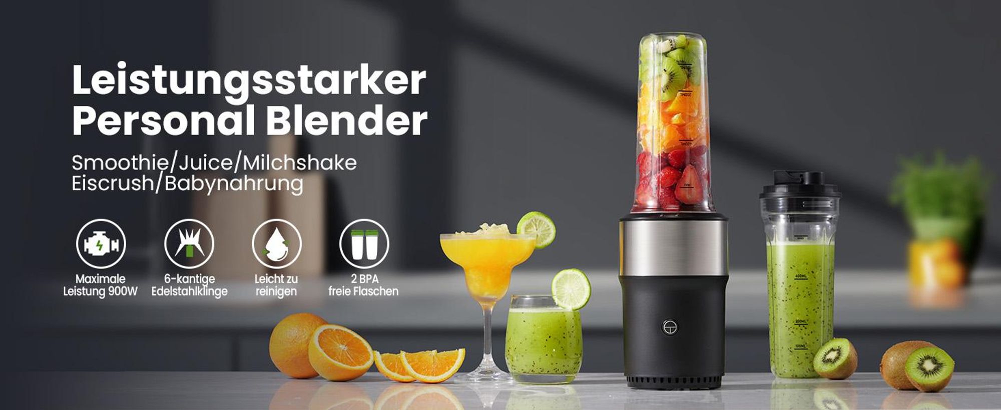 Smoothie Maker, StandMixer, Blender, 900W, mit 2 * 650ml Flasche, mixer mit Edelstahl 6-Klingen, BPA frei, Smoothies shakes und Säfte mit Rezepte
