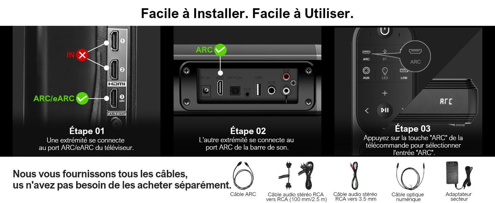 Barre de son ULTIMEA pour téléviseurs, barre de son 2-en-1 modulable de 100 W avec Bluetooth® 5.3, haut-parleurs TV avec 3 modes d'égalisation et basses réglables, ARC/optique/Aux
