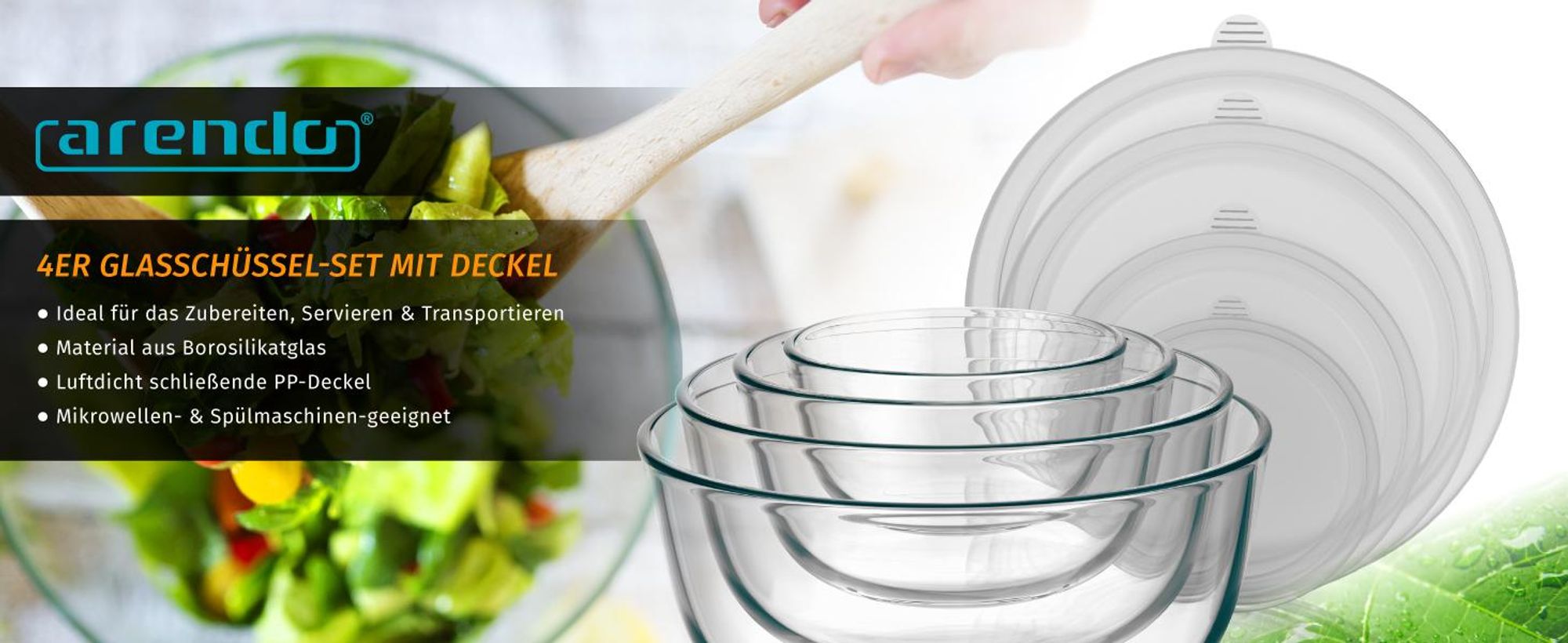 Arendo Salatschüssel mit Deckel, Set, 4x Glasschüsseln 0,7L, 1,1L, 2,7L & 4,4L, Glas Rührschüssel, Glas, (4er Set, 4-tlg), Glasschale, BPA-frei, spülmaschinengeeignet & mikrowellengeeignet