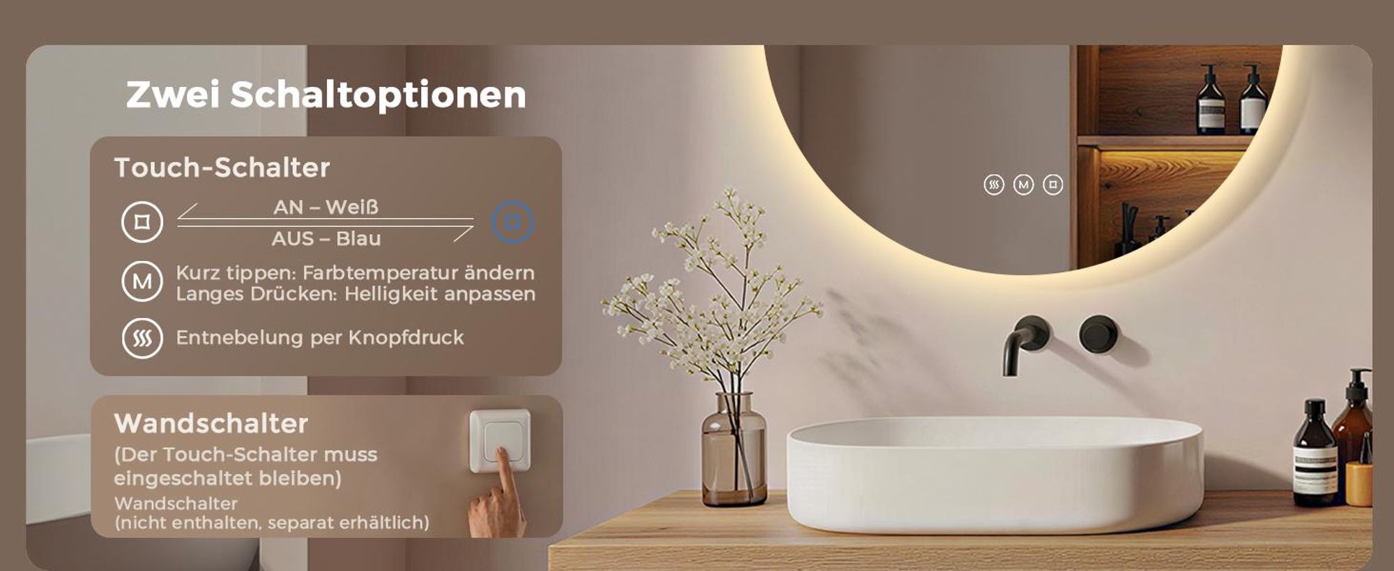 S'AFIELINA LED Badspiegel Rund Badezimmerspiegel Wandspiegel mit Touch-Schalter,3 Lichtfarbe 3000/4000/6500K 70 cm