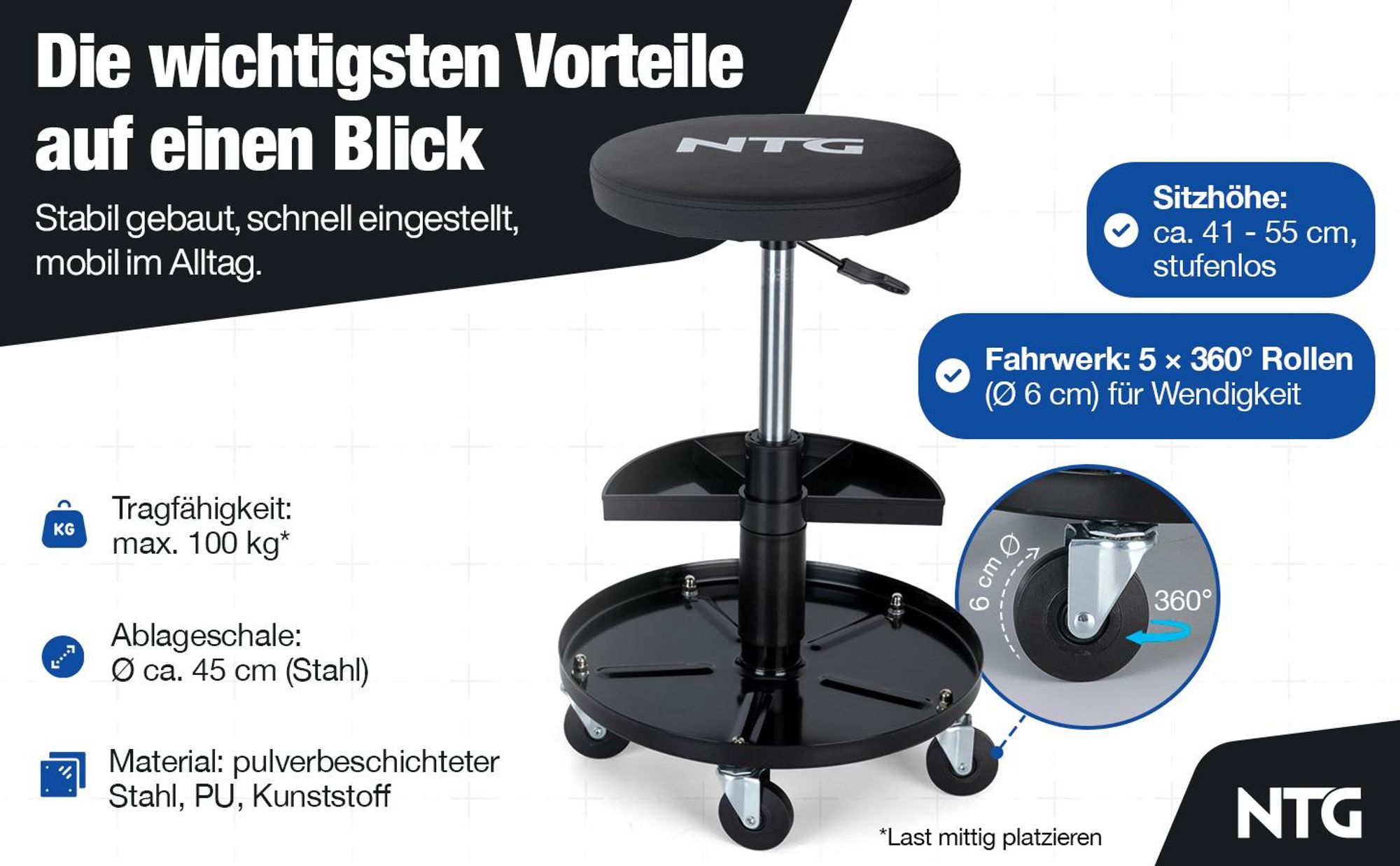 NTG Rollhocker Höhenverstellbar bis 55 cm – Werkstatthocker bis 100 kg mit 5 Rollen & Ablageschale – Drehhocker Werkstatt