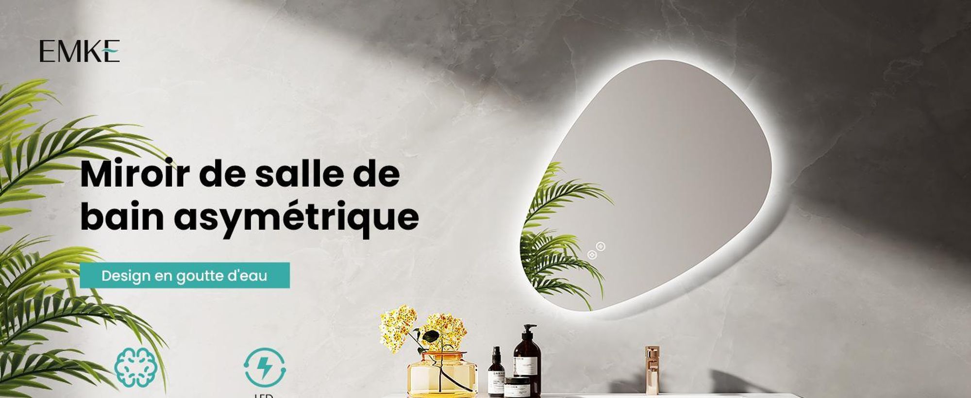 EMKE Miroir de salle de bain avec éclairage 80 x 60 cm Miroir de salle de bain asymétrique, miroir de salle de bain avec 3 couleurs de lumière Variable, antibuée, interrupteur tactile