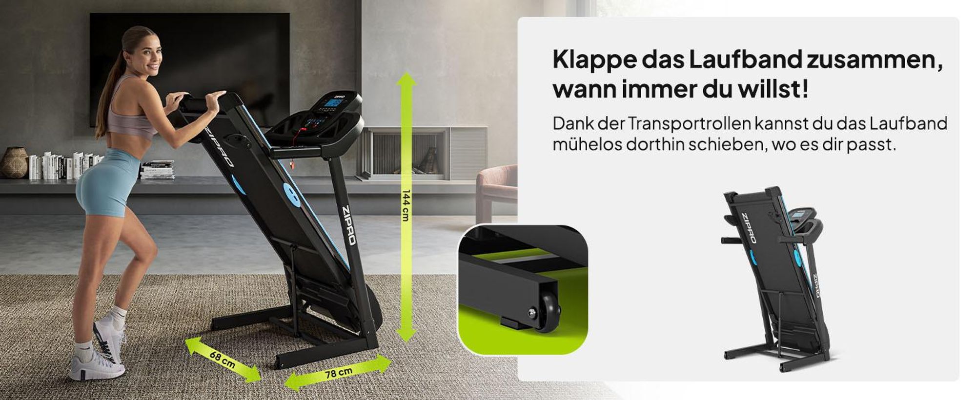 Zipro Tekno klappbares Laufband, 1080 W leiser Elektromotor, breite Lauffläche 40cm Laufband für Zuhause Klappbar mit Steigung SportRun Running Sport