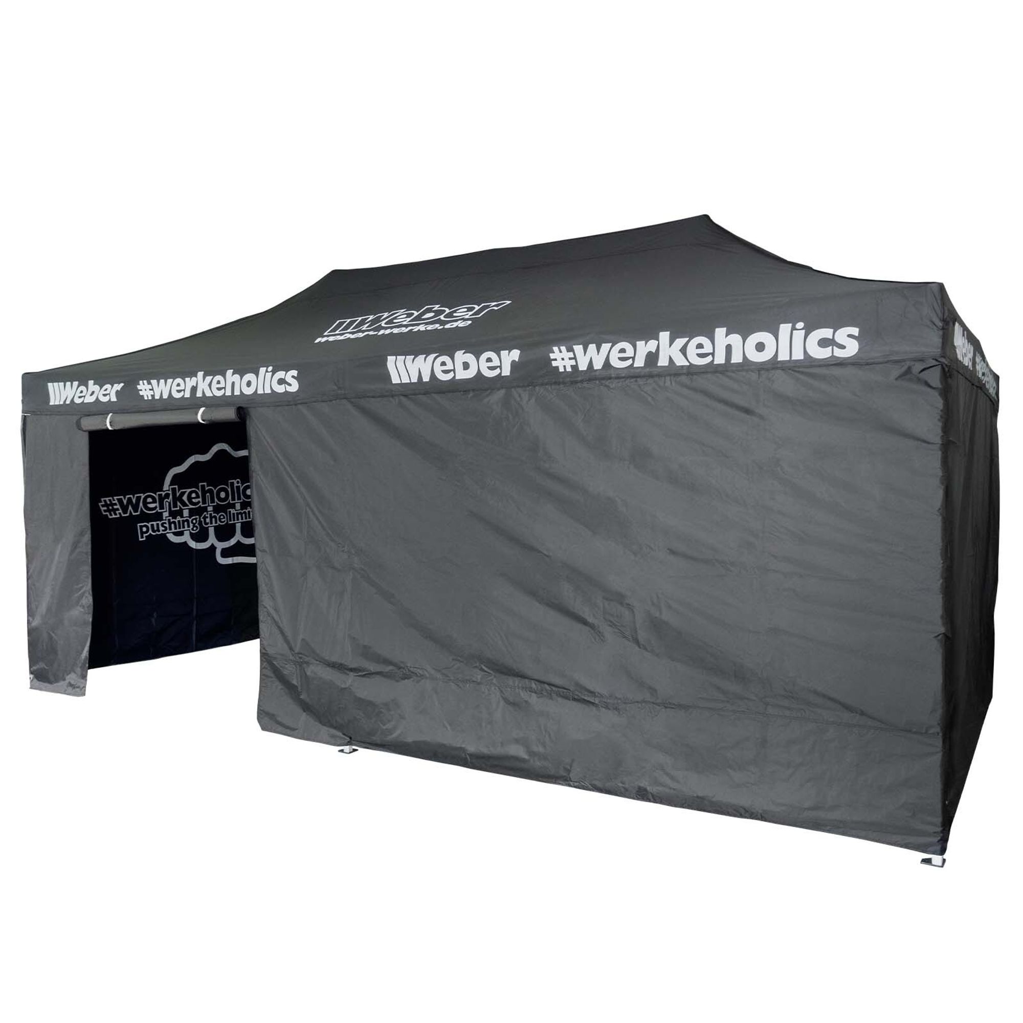 Weber Easy-Up Zelt 3 x 6 m inkl. 4 Seitenwände schwarz Aluminium Türöffnung Tragetasche höhenverstellbar faltbar Faltpavillon Pavillon