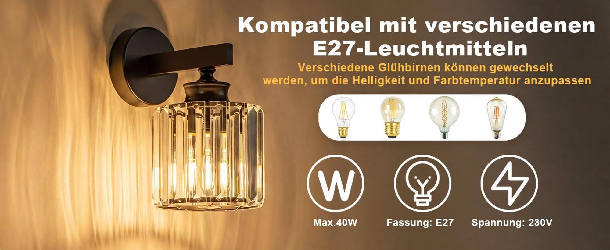 ZMH nástěnná lampa, křišťálová nástěnná lampa, interiérové nástěnné osvětlení, nástěnný reflektor, lampa do chodby, E27, do ložnice, obývacího pokoje, chodby, černá (bez žárovky)