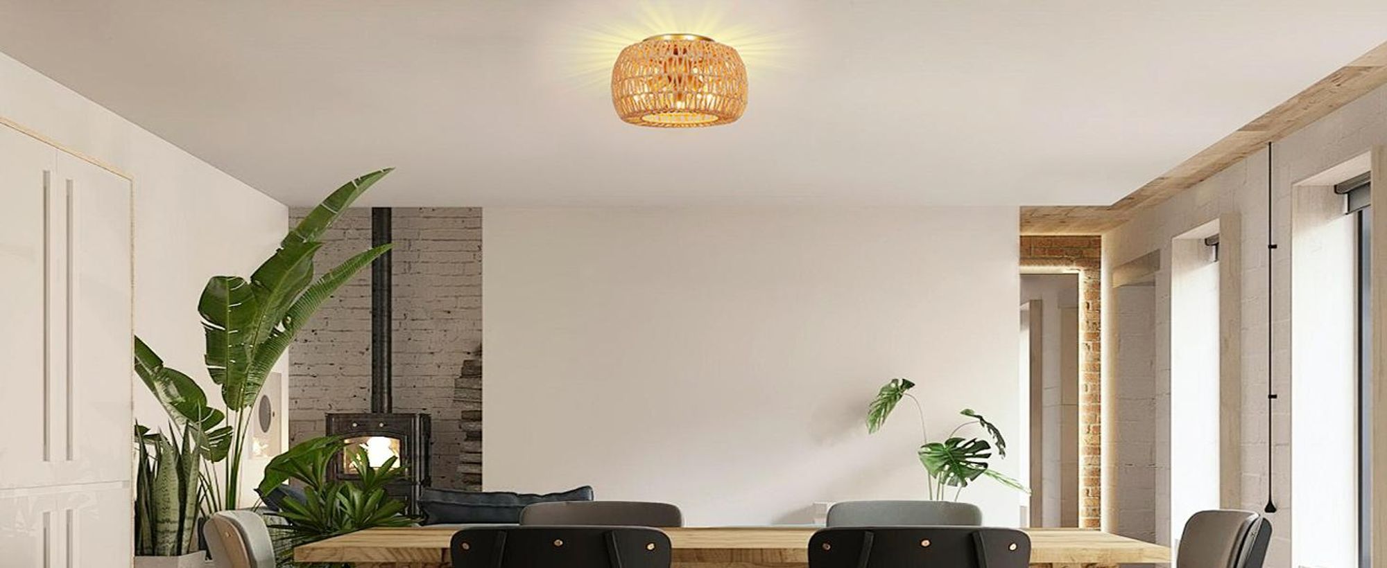 Deckenlampe Boho Vintage Deckenleuchte E27 3-Flammige Pendelleuchte mit Rattan Lampenschirm für Wohnzimmer, Schlafzimmer, Küche, Flur