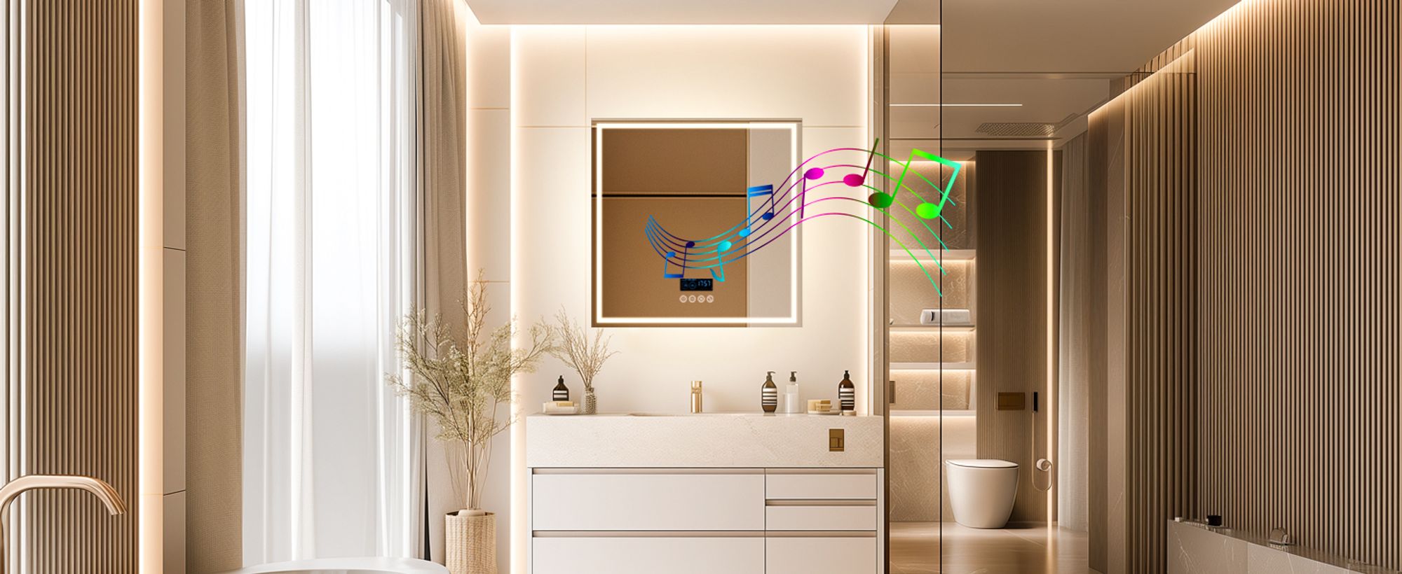 WISFOR LED Badspiegel mit Bluetooth Lautsprecher, 80×80cm Badezimmerspiegel mit Beleuchtung 3 Lichtfarbe, LED Wandspiegel dimmbar beschlagfrei
