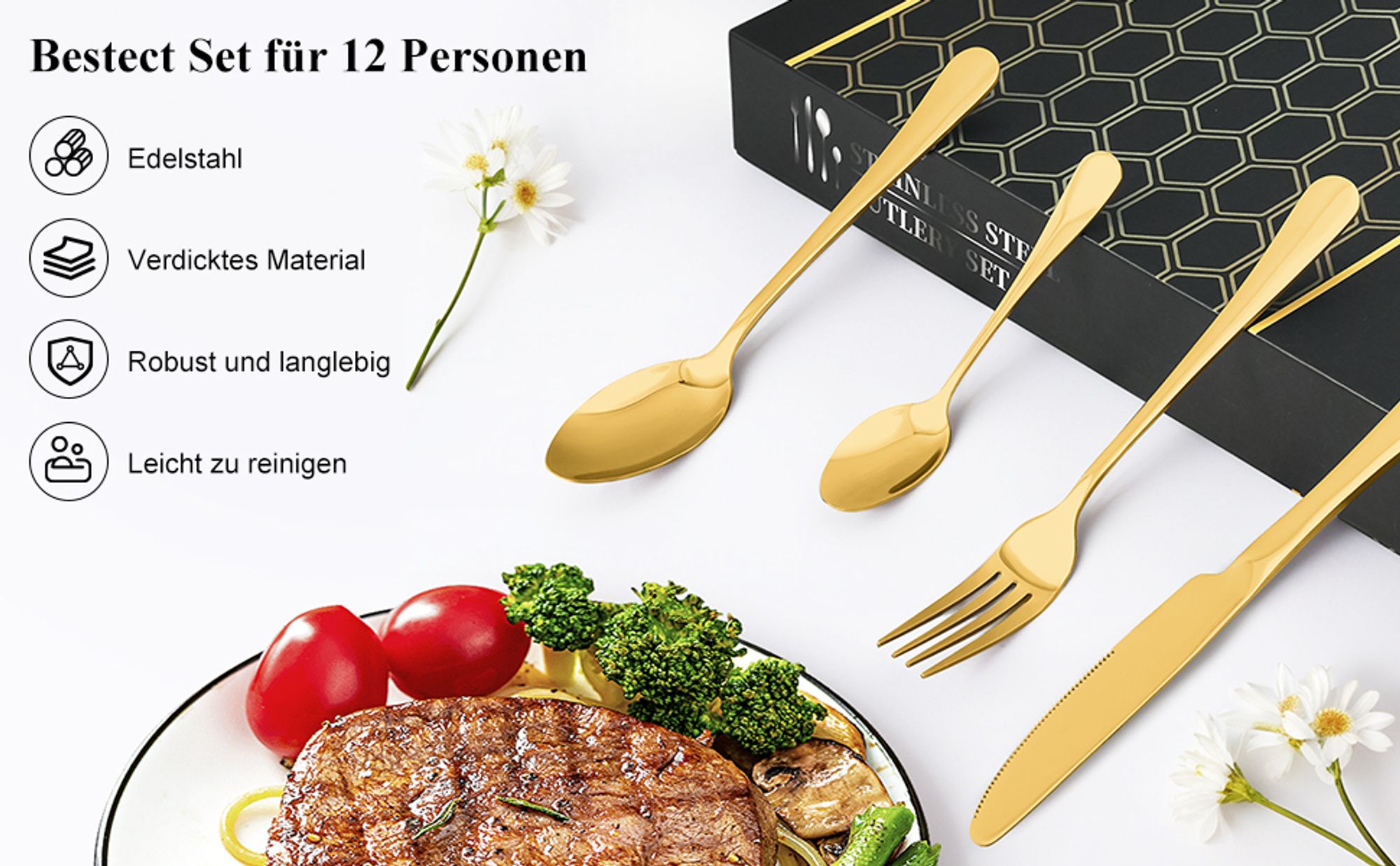 7MAGIC Besteck Set 12 Personen, 48-teiliges Besteckset, Edelstahl Essbesteck Set mit Messer Gabel Löffel, Spülmaschinenfest, Gold