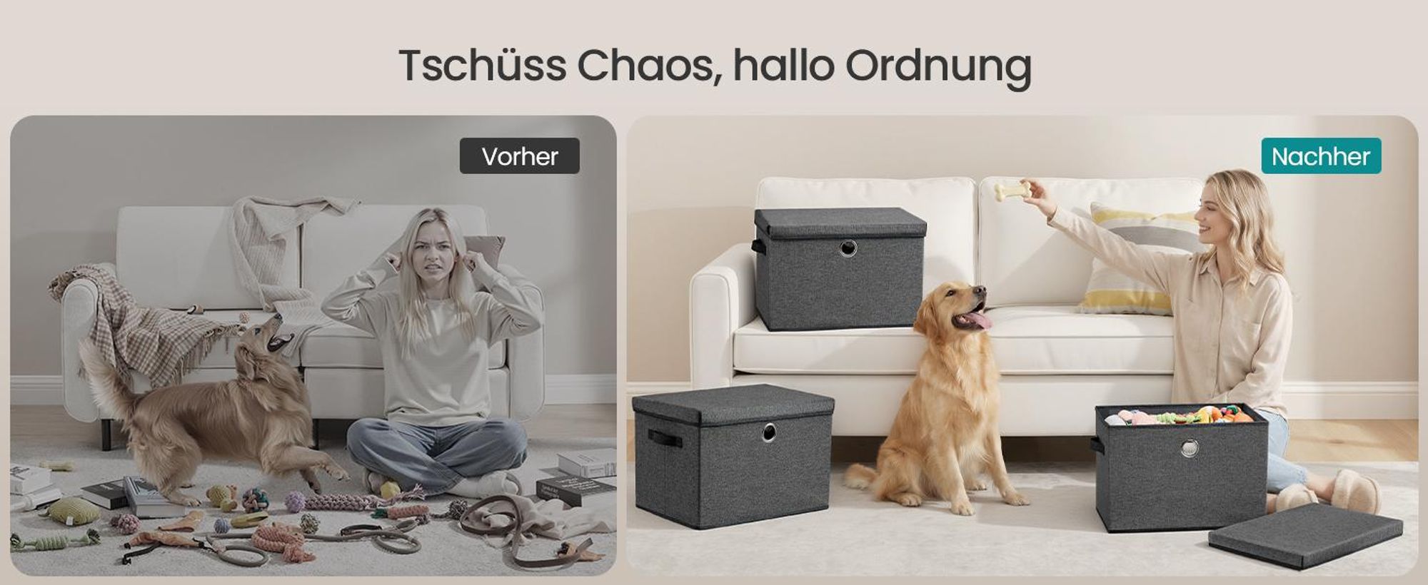 SONGMICS Aufbewahrungsboxen 3er-Set, Ordnungsbox, stapelbar mit Griffen, 43 x 30 x 30 cm, dunkelgrau