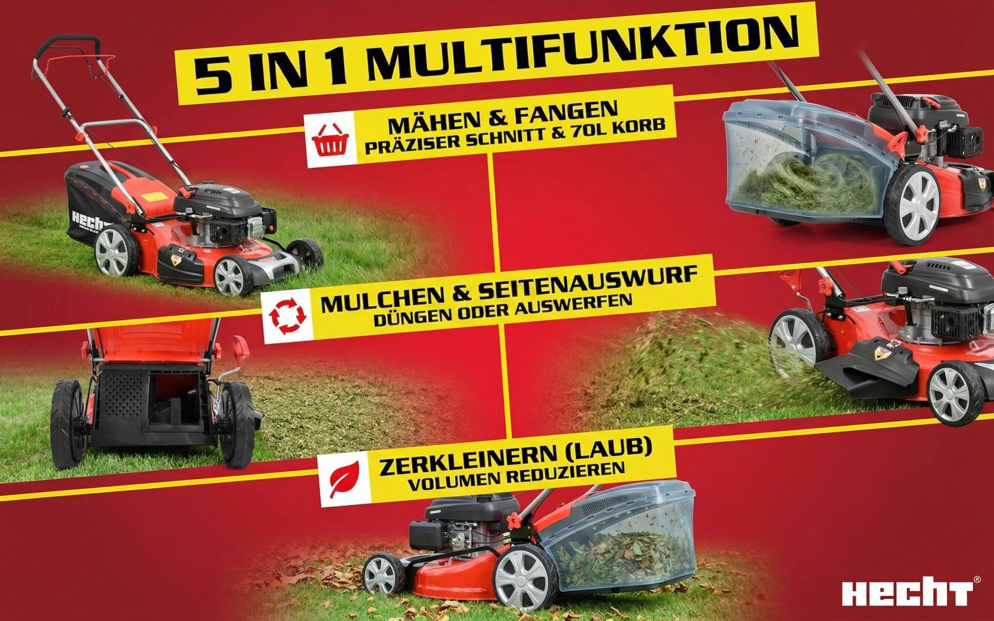 HECHT Rasenmäher Benzin mit Antrieb 551 SX | 51 cm Schnittbreite | 5in1 | 5,5 PS | Mulchkit | 65 L Fangkorb