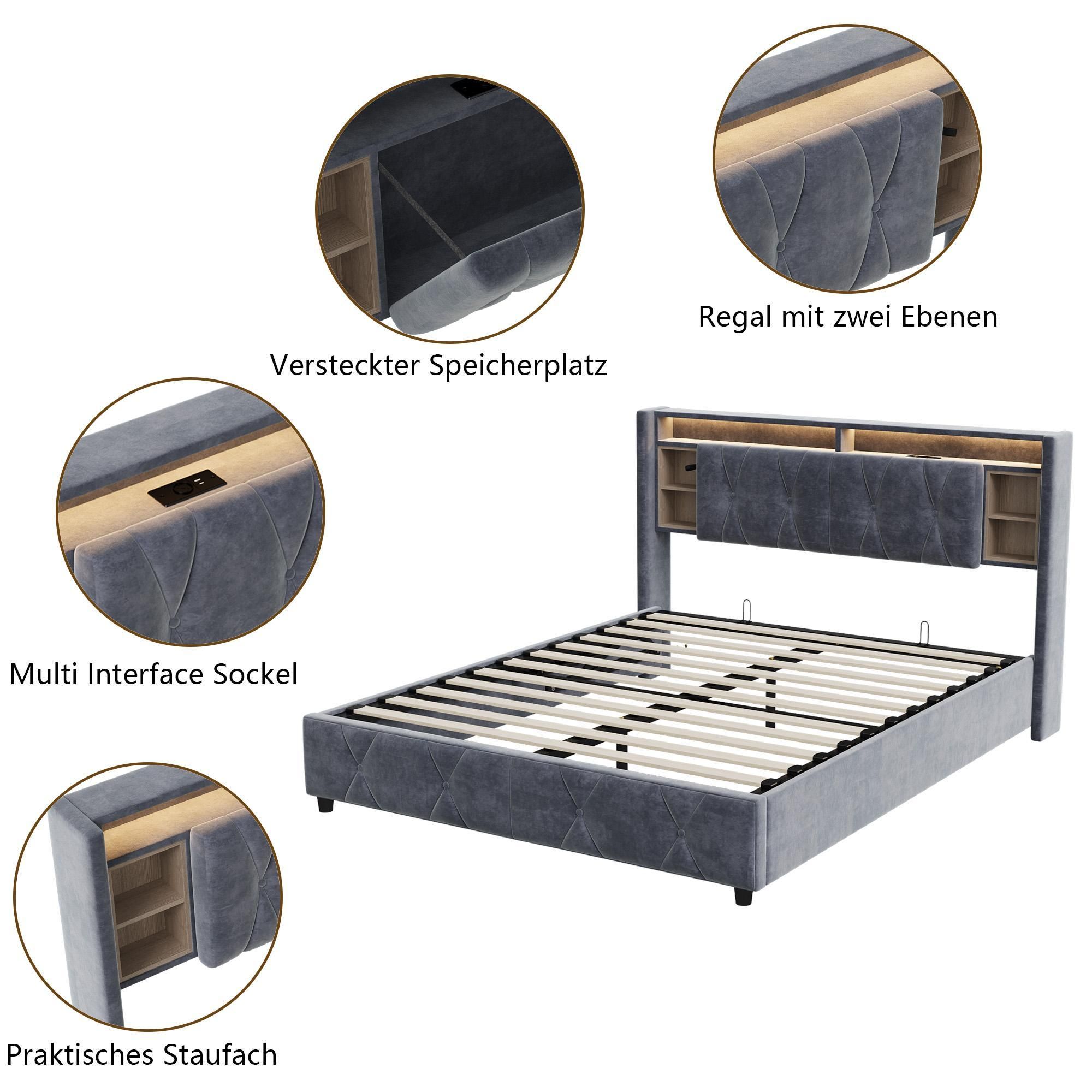 Fortuna Lai Polsterbett 140x200 cm, LED, USB & Typ-C, Stauraumbett mit Lattenrost, Samt, Grau