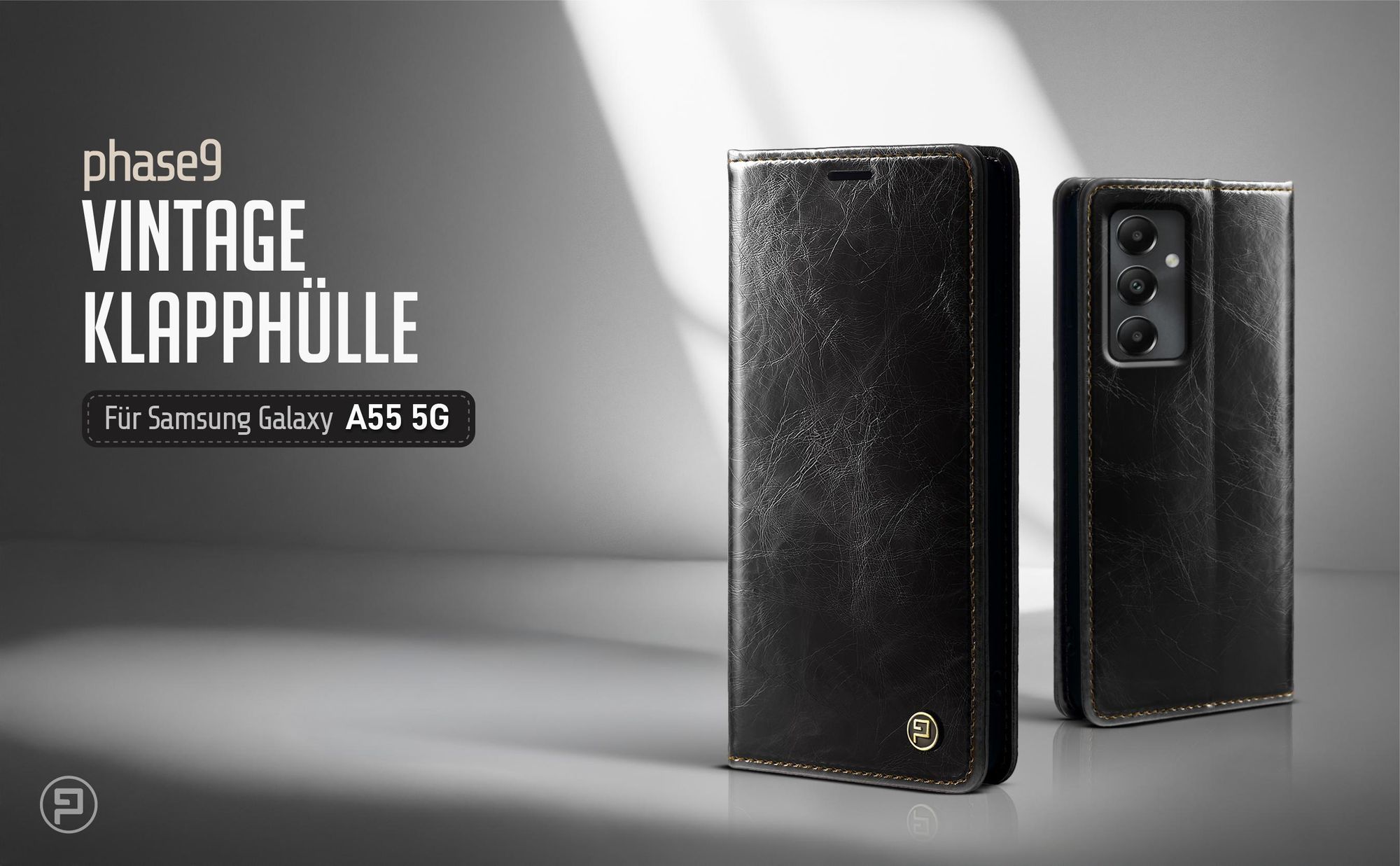 Schwarze Klapphülle für Samsung Galaxy A55 5G im klassischen Vintage Look