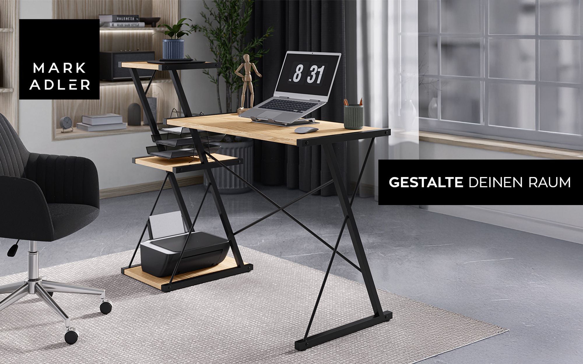 MARK ADLER Leader 3.5 Schreibtisch | Links und rechts montierbar, drei Einlegeböden | 116 x 50 x 93 cm | Eiche