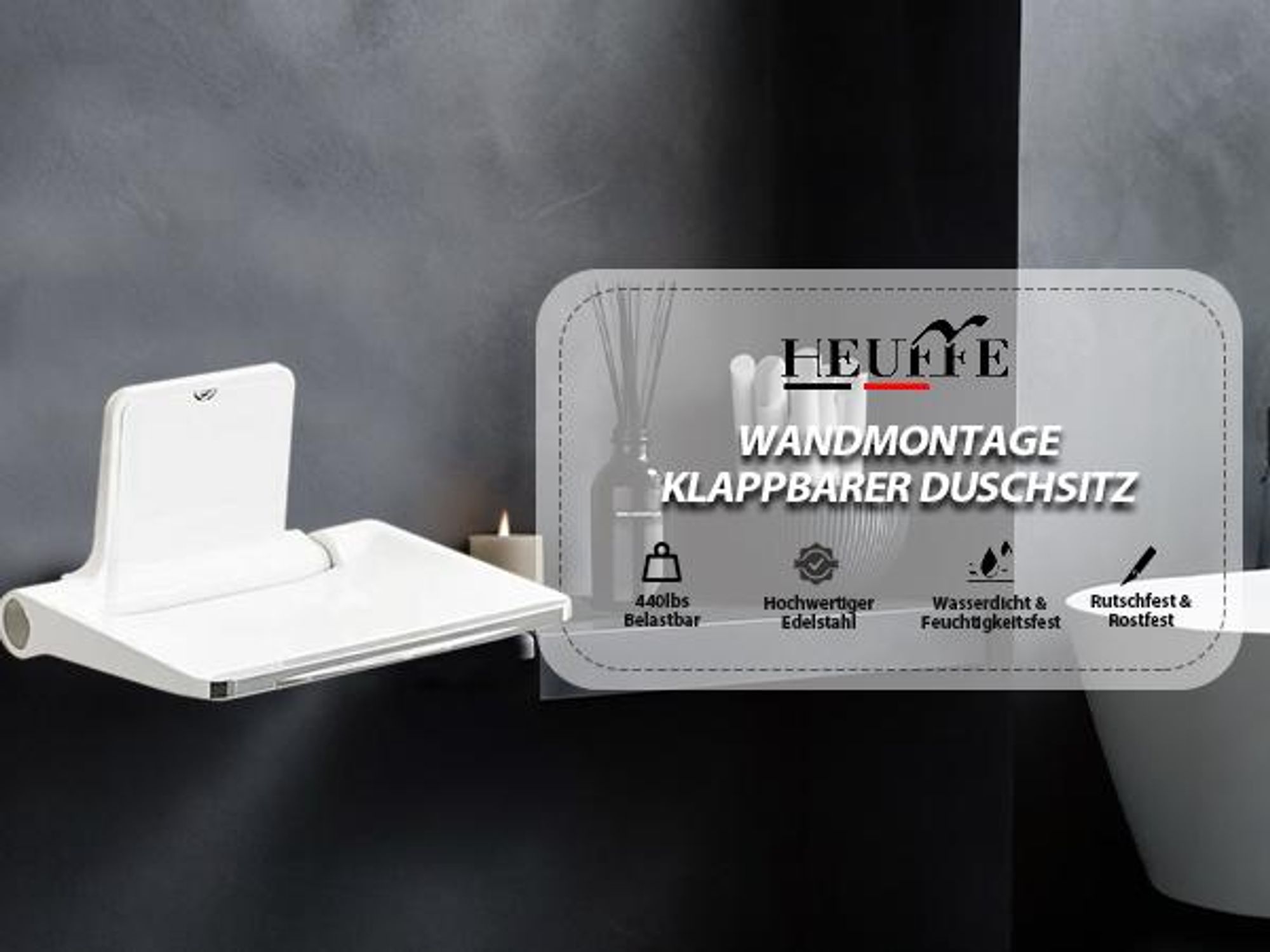 HEUFFE Duschsitz Klappbar Wandmontage, Duschklappsitz Klappsitz Dusche bis 200kg Badestuhl Duschhocker-Badhocker Hocker Duschstuhl für Senioren, Weiß