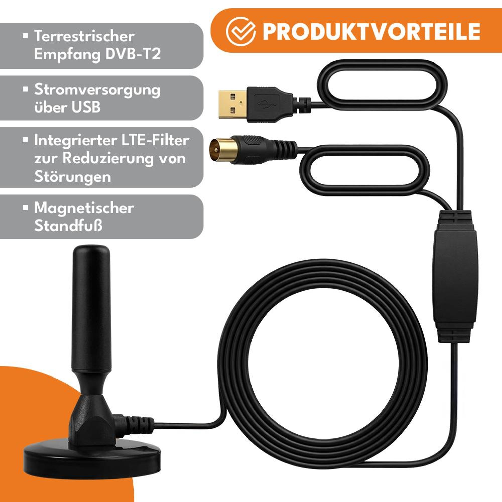 KRUMAD DVB-T2 Antenne mit Verstärker, Zimmerantenne für TV, Antennenverstärker für Digital TV, Empfang ohne Kabel & Satellit, VHF UHF, Schwarz