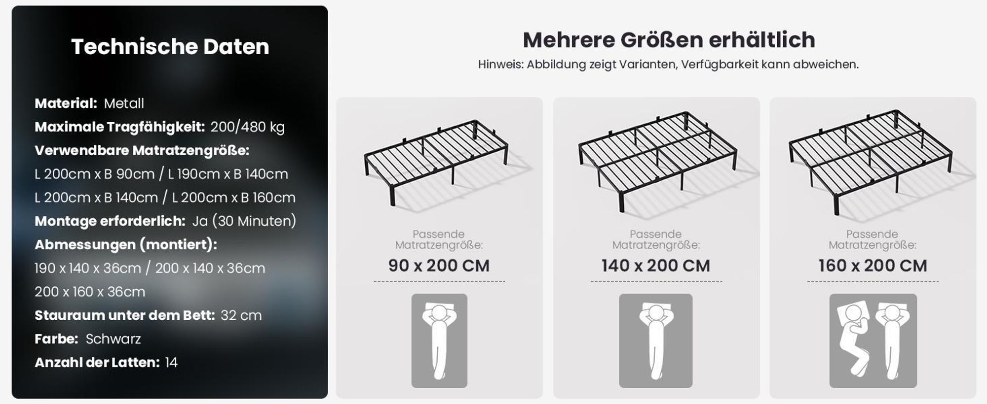 90 x 200 cm Bett , Bettgestell mit Stauraum, KUTAS Betten mit 14 Reihen Metalllamellen & fächerförmigen Füßen, Industriestil, bis 260 kg, Schwarz