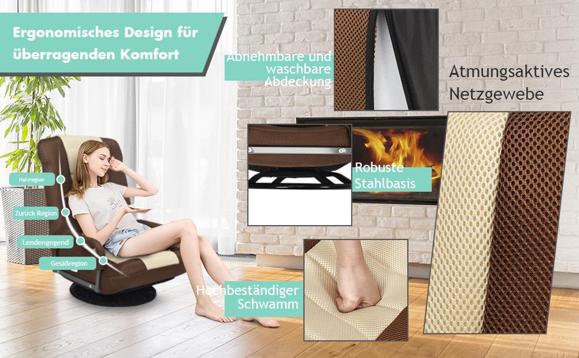 COSTWAY Bodenstuhl 360° drehbar, Bodensessel mit 6-Fach Verstellbarer Rückenlehne, Game Sessel gepolstert, Bodensofa Meditationsstuhl bis 140kg belastbar, Lazy Sofa (Beige)