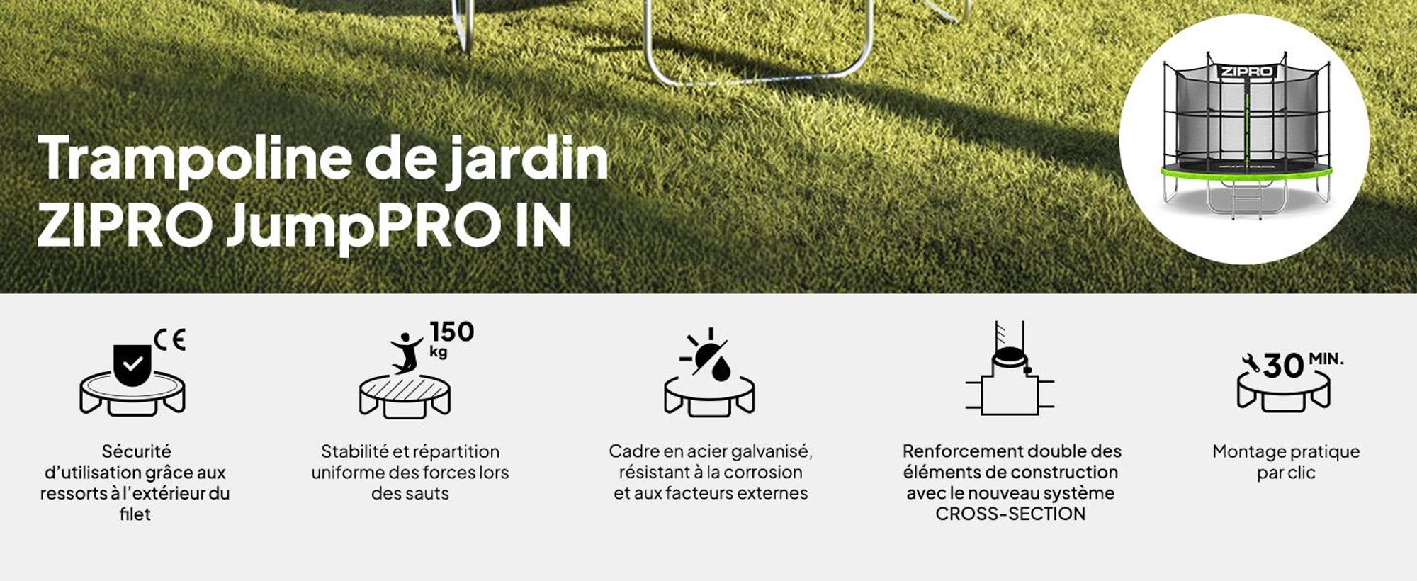 Trampoline ZIPRO Jump Pro IN | 8FT Ø 252 cm | Trampoline de jardin Trampoline pour enfants Kit complet avec filet intérieur, échelle et housse de protection, extérieur, vert