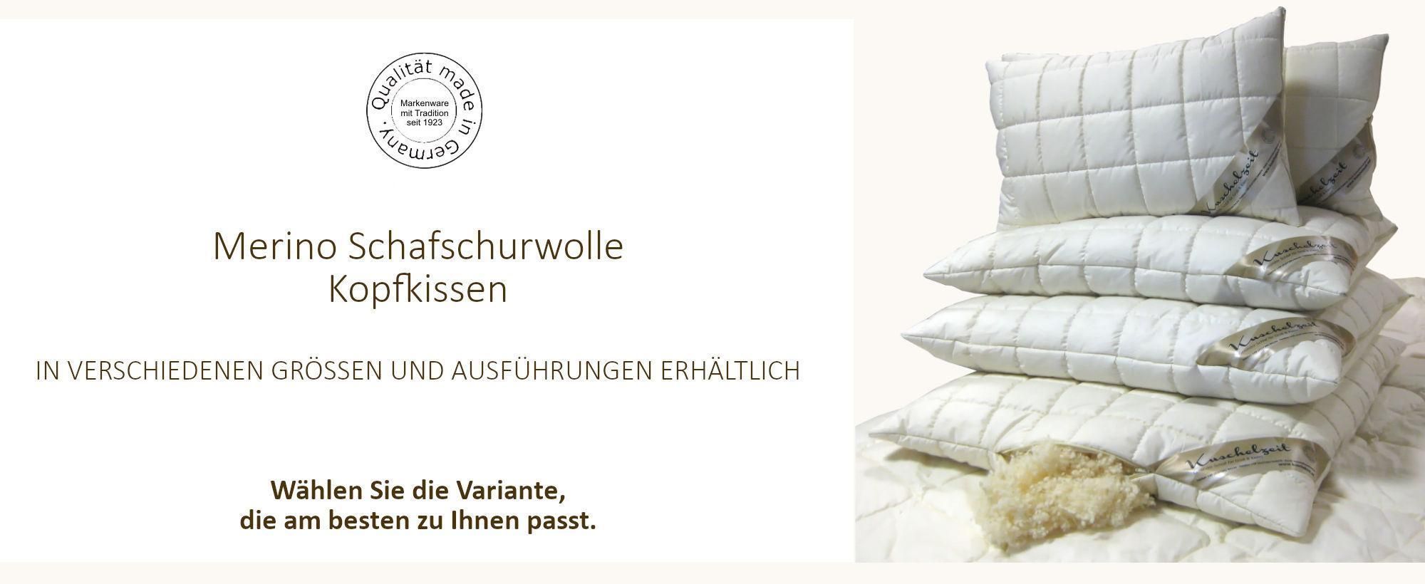 Kissenstapel mit verschiedenen Ausführungen und Größen von Merino Schafwoll Kissen.