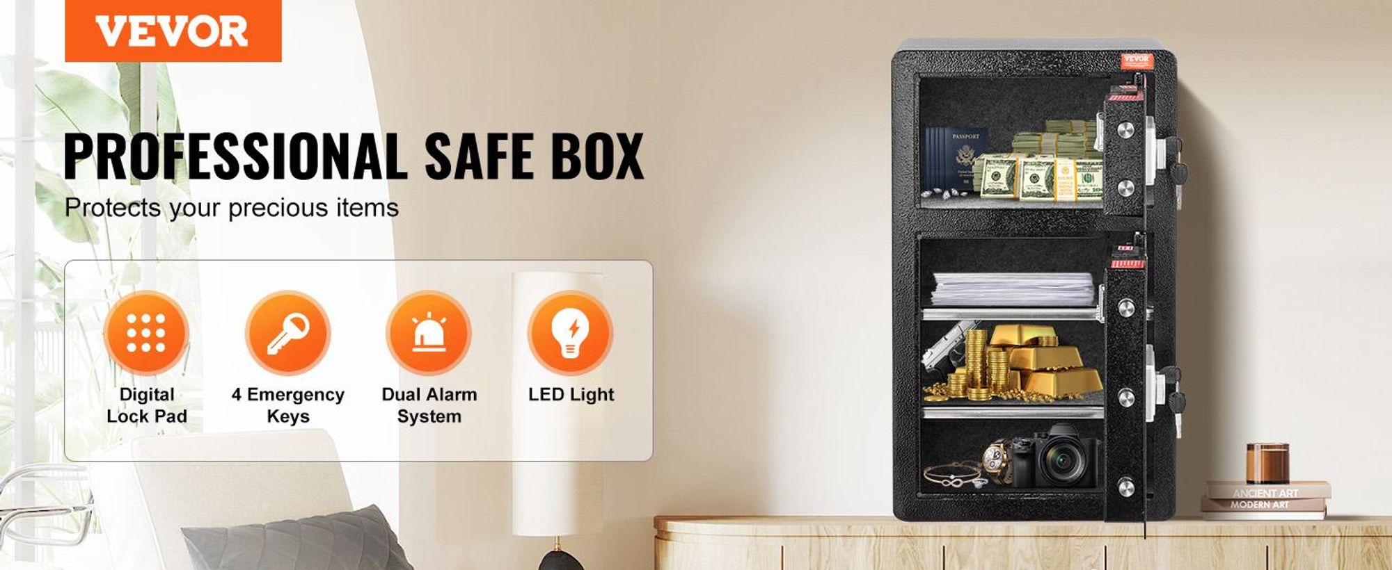 VEVOR Doppeltüren 7,2 cu.ft Safe Box mit Schlüsselverschluss & Passwort, Safe Lock Box mit feuerfestem Beutel, Schlüsselablage, LED-Licht und 2 höhenverstellbaren und abnehmbaren Trennwänden für Geld, Dokumente, Schmuck und Wertsachen, Schwarz, 127L