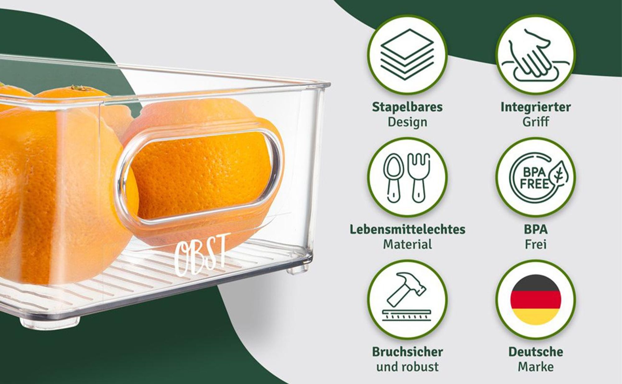 6er Set  Kühlschrank Organizer, mit 16 Aufkleber, Aufbewahrungsbox Organisation Stapelbare Fridge Organizer Box für Küchen, Kühlschrank, Schränke
