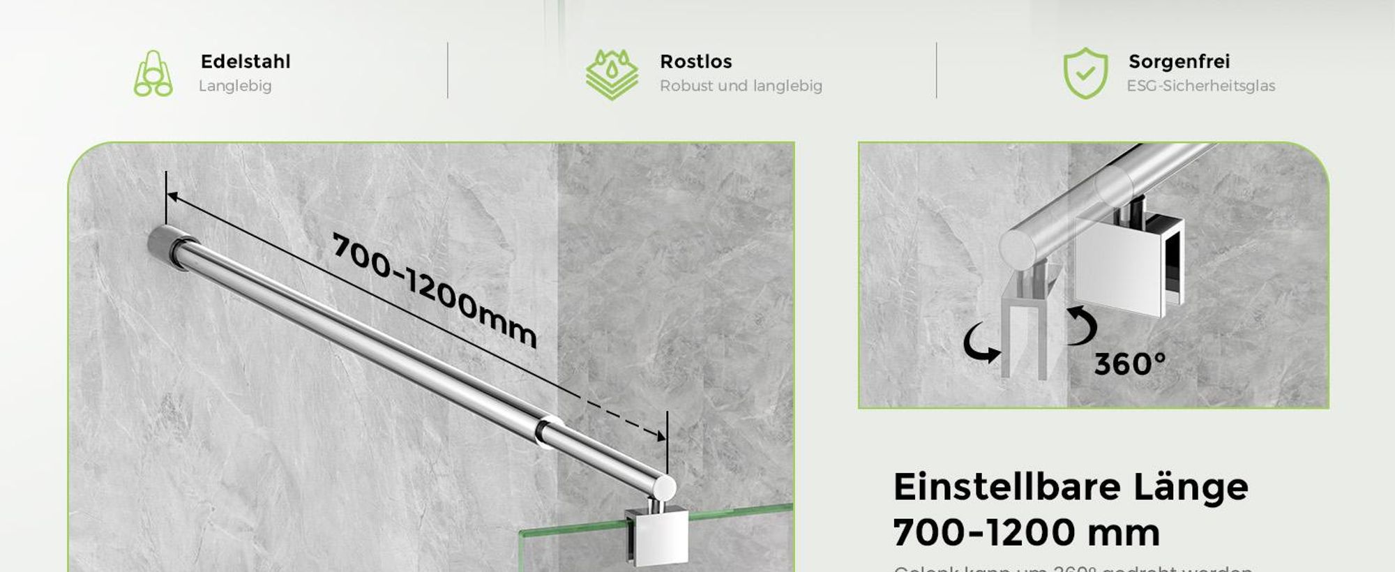 Flexible Stangenstütze Für Walk-in Dusche – Edelstahl, Verstellbar 73-120 Cm (F-084)