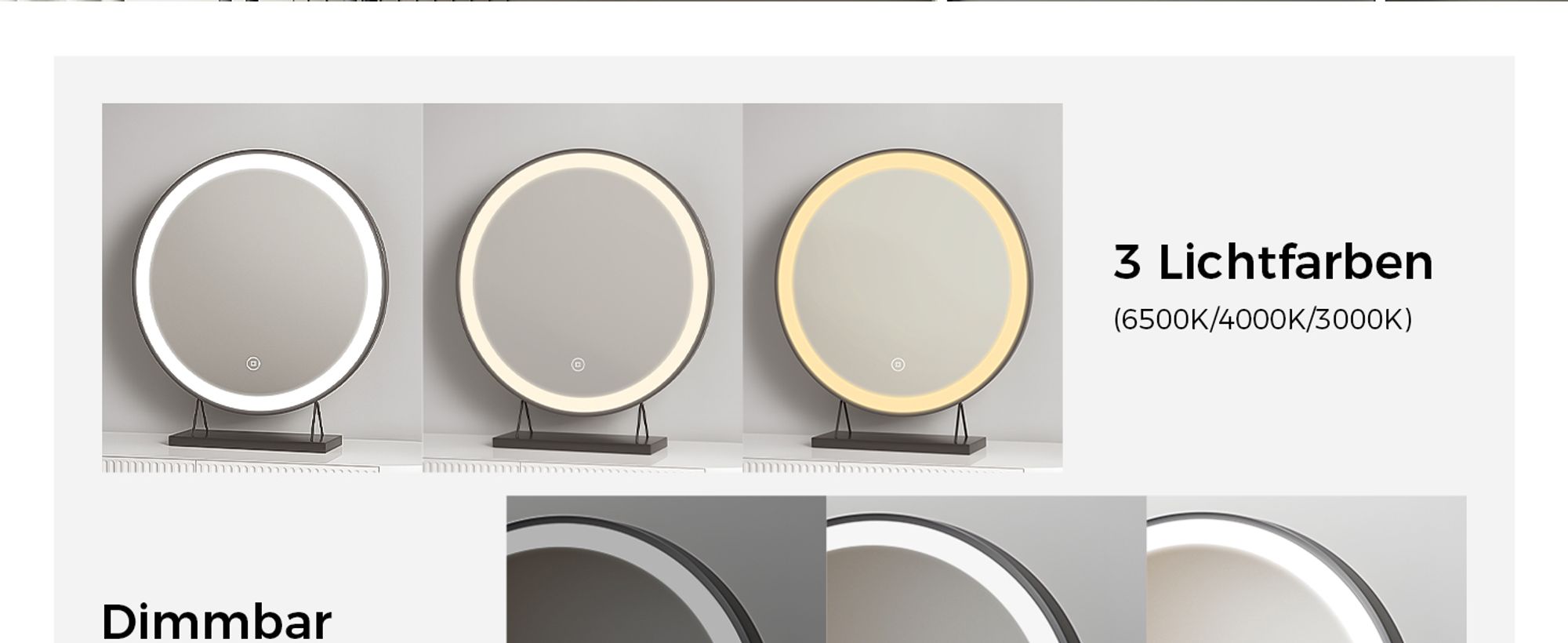 Heilmetz Schminkspiegel mit Beleuchtung Φ40cm Schwarz LED Kosmetikspiegel Tischspiegel 3 Lichtfarbe Warmweiß/Neutral/Kaltweiß(Dimmbar 3000-6500K)Touch