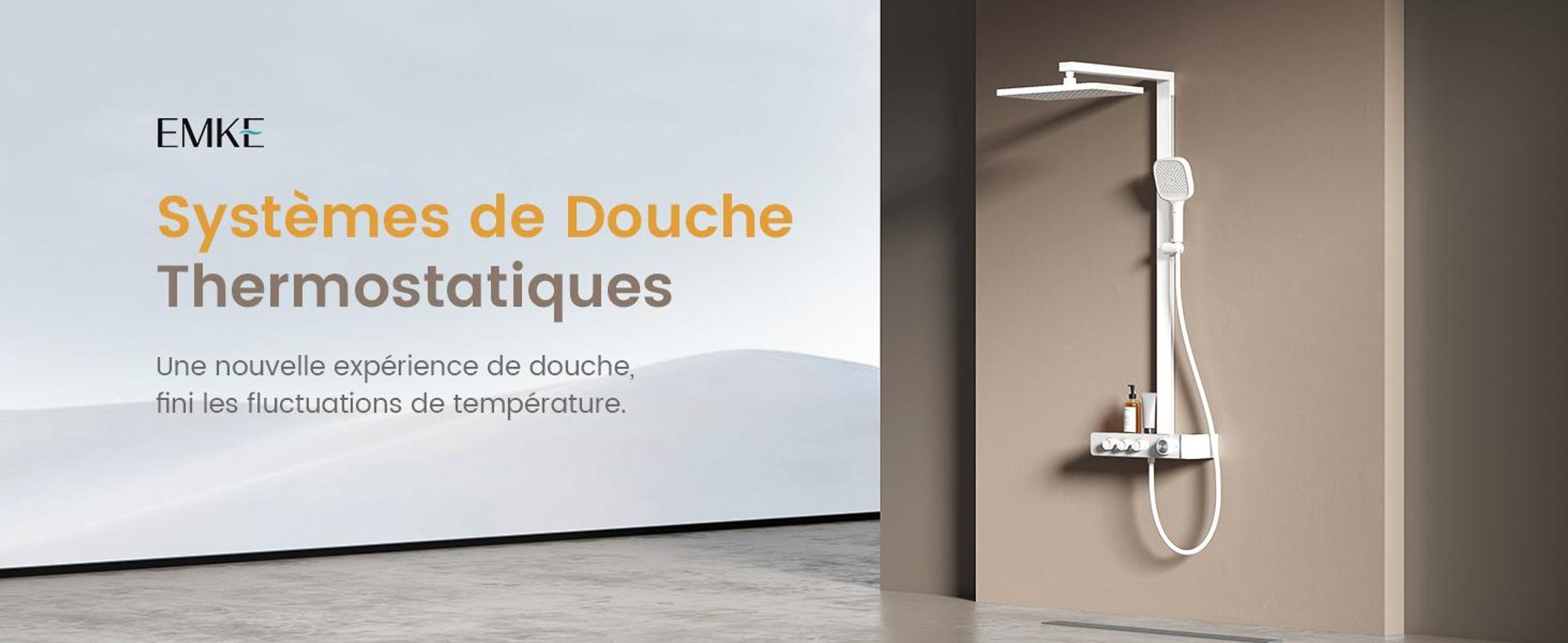 EMKE Système de douche avec thermostat Colonne de douche blanche avec 360×240mm douche à effet pluie carrée, bec de baignoire, régulateur de débit & tablette en verre F27
