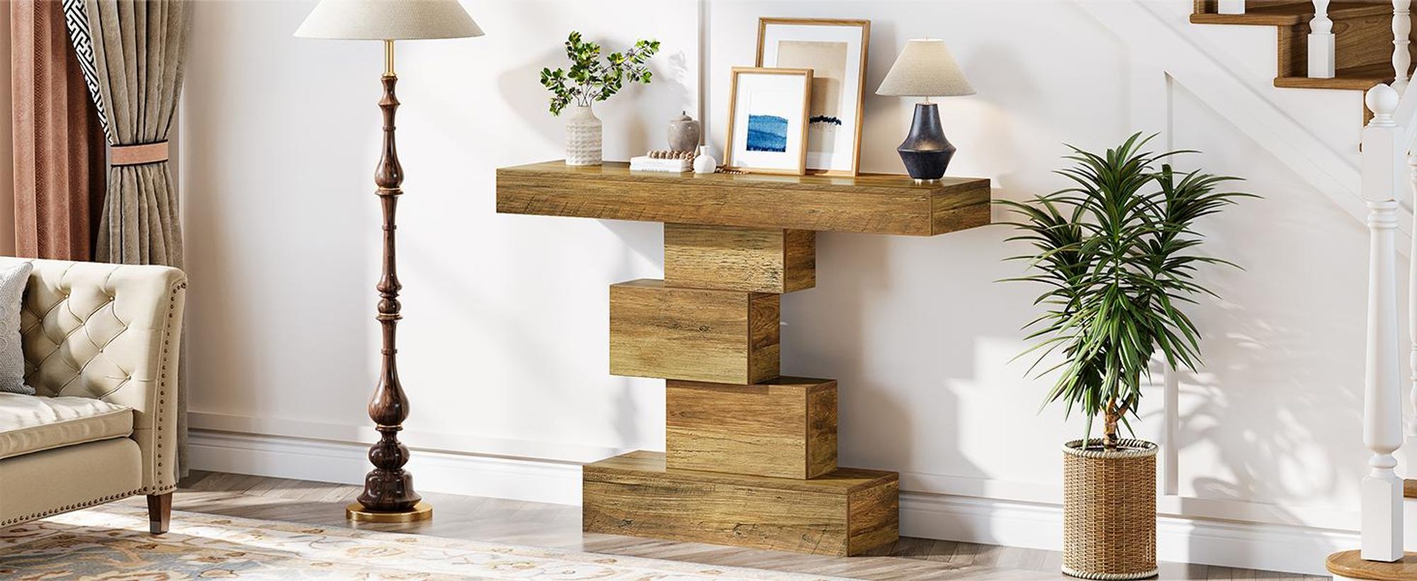 Consolle Tribesigns, tavolino da divano in legno stretto 108 cm dietro il divano con base geometrica salvaspazio, tavolino da ingresso (rovere chiaro)