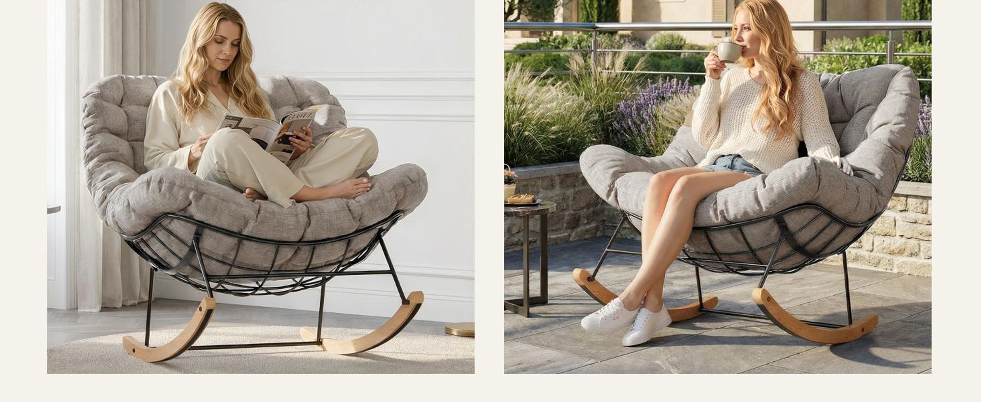 FLEXISPOT Schaukelsessel Outdoor, Gartenliege & Loungesessel mit Kissen, stabilem Metallrahmen, ideal für Balkon, Terrasse, Garten & Wohnzimmer, Braun