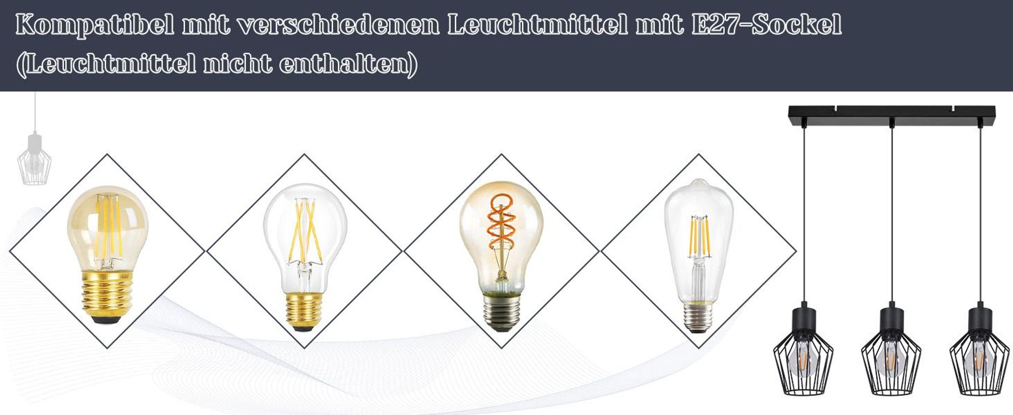 ZMH Pendelleuchte Esstisch 3 Flammig Schwarz Hängeleuchte E27 Hängend Lampen Metall Lampenschirm Hängelampe Industrie für Küche Schlafzimmer