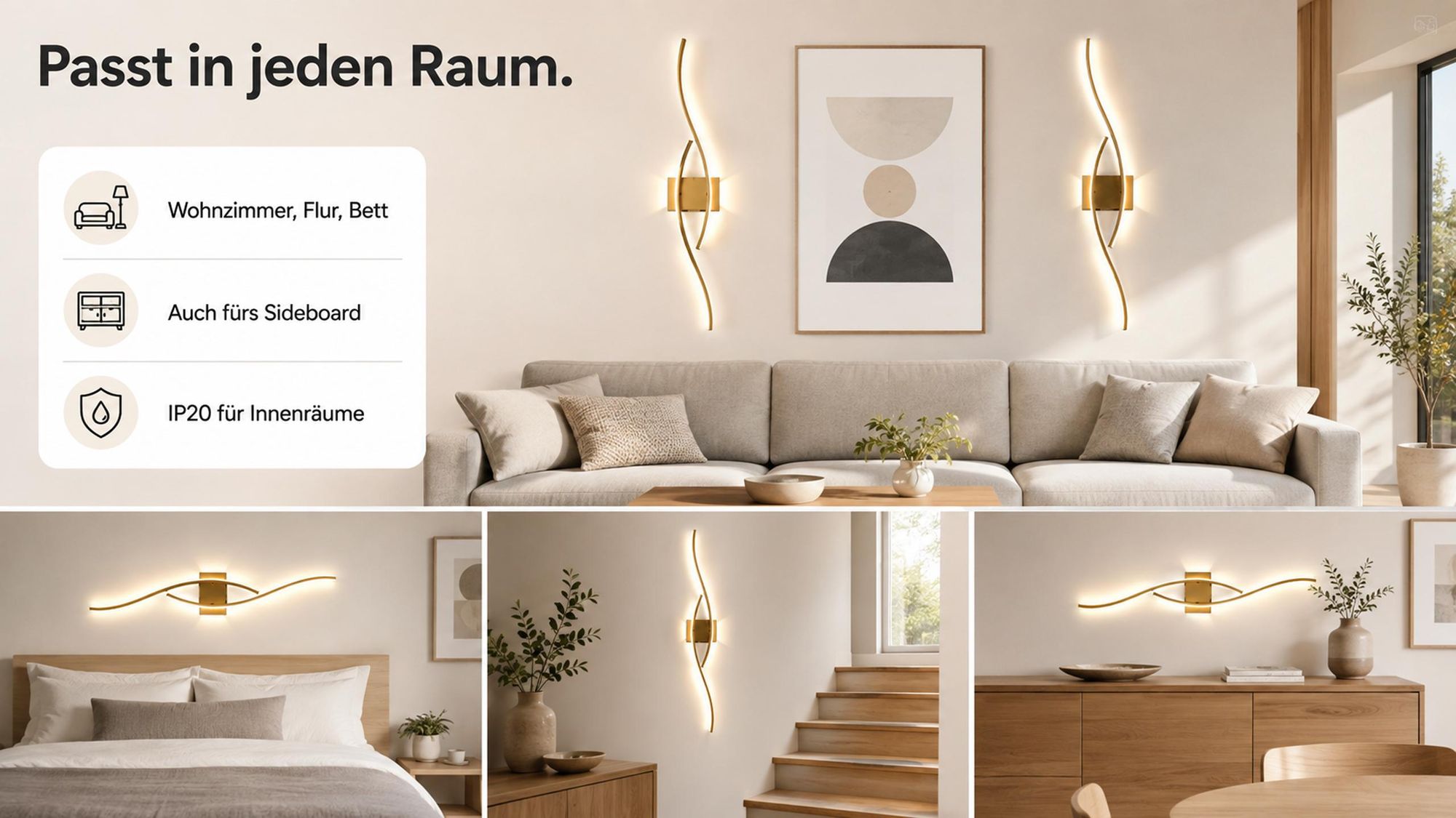 Akku Wandleuchte Innen 100cm 1Stk, Kabellos Wandlampe Gold mit Fernbedienung & Schalter 10000mAh Dual-Seitenlicht Flur Treppenhaus Schlafzimmer