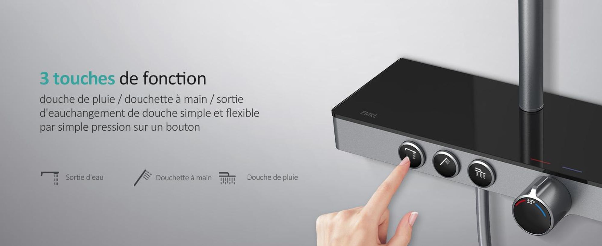 EMKE Système de douche avec thermostat tablette en verre douchette 3 jets douche à effet pluie, robinetterie de salle de bains & douche, KTW, gris - F09