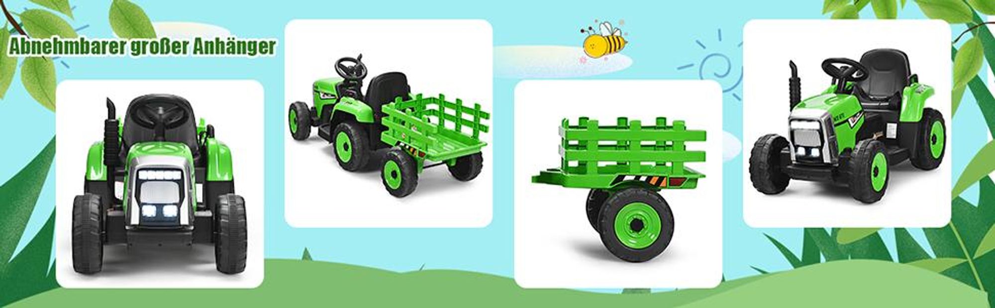 COSTWAY 12V 3-Gang 3-8KM/H Kinder Elektroauto Traktor mit abnehmbarem Anhänger, 2,4-GHz-Fernbedienung, LED Lichtern, Musik&USB, für Kinder 3+ Grün