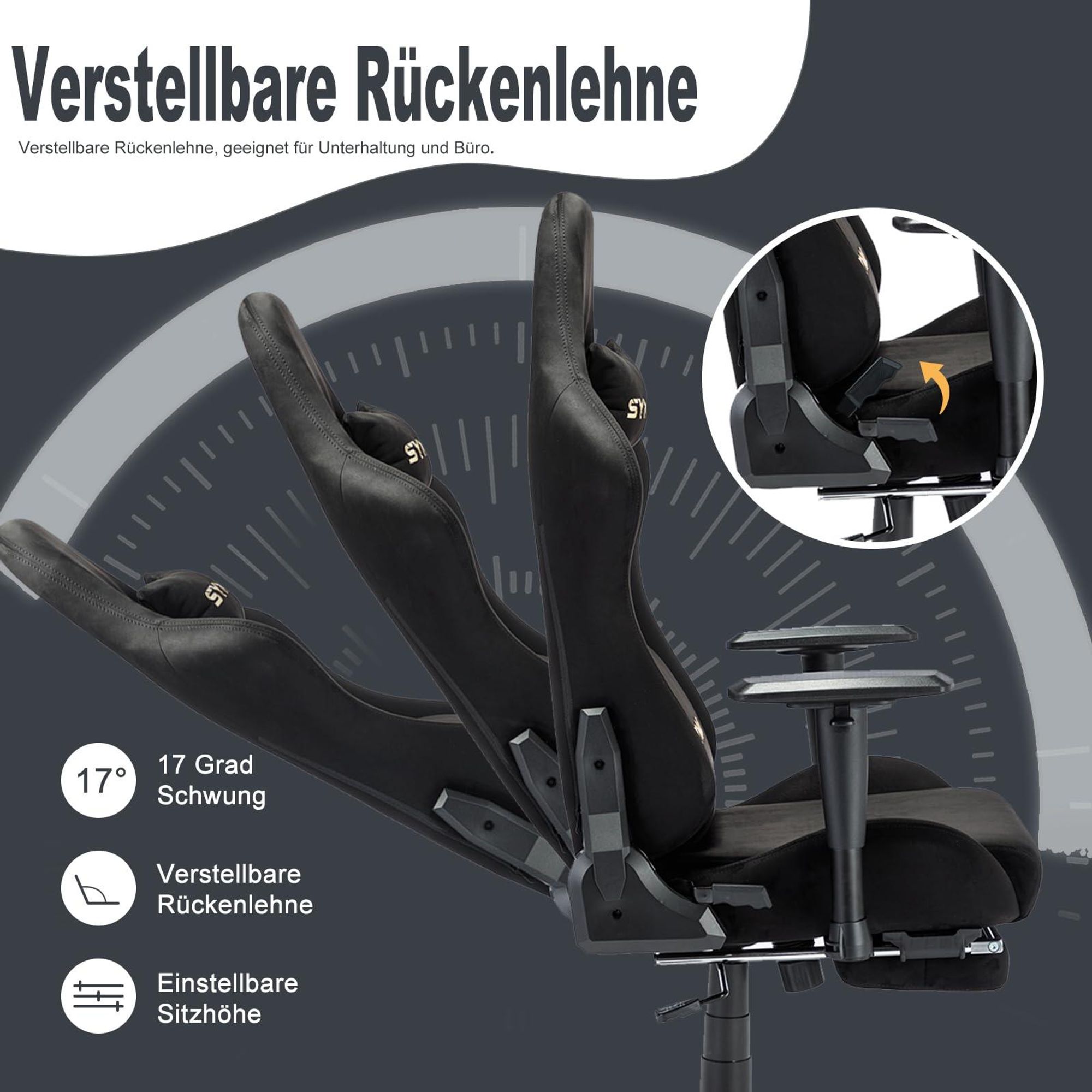 Gaming-Stuhl mit verstellbarer Rückenlehne und Sitzhöhe