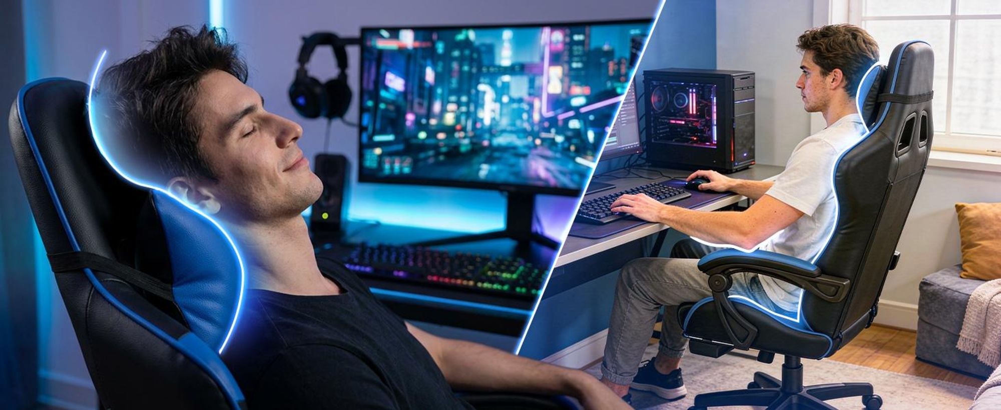 Gaming Stuhl Bürostuhl Schreibtischstuhl mit Fußstütze, Verstellbare Rückenlehne Kopfkissen Lendenkissen, Kunstleder, Drehstuhl, Computerstuhl, Retoo