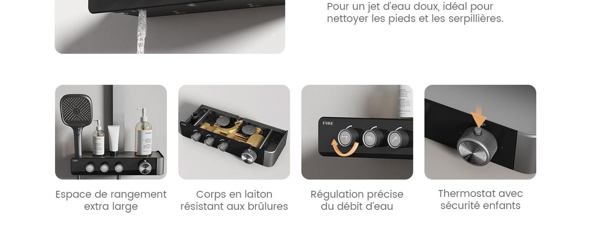EMKE Système de douche avec thermostat Colonne de douche Anthracite mat avec 360×240mm douche à effet pluie carrée, bec de baignoire, régulateur de débit & tablette en verre F27