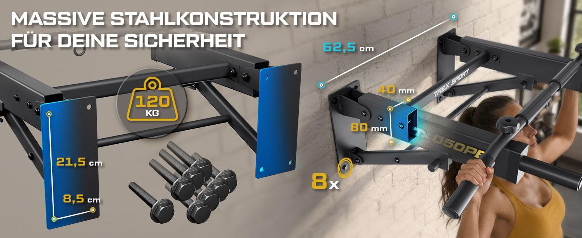 TREX SPORT Klimmzugstange zur Wandmontage klappbar TX-050PB | 6 rutschfeste Griffe, für Boxsack & Expander | Pull Up Bar für zuhause