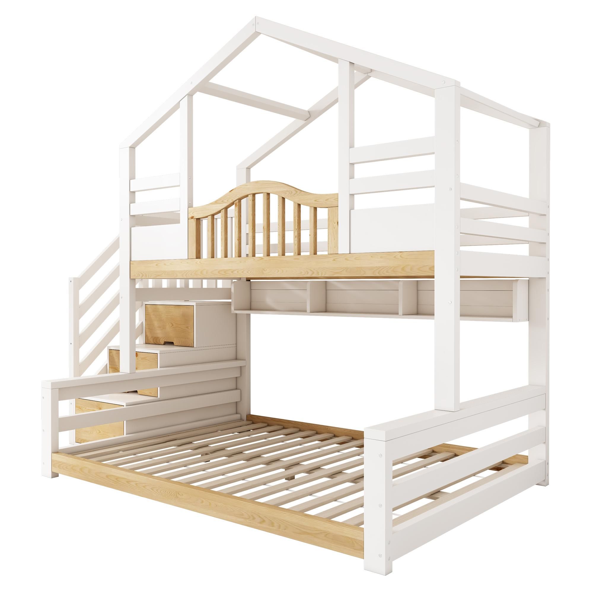Flieks Etagenbett 90x200cm/140x200cm mit Regal, Kinderbett Hausbett mit Treppe, Hochbett für 2-3 Kinder, Stockbett Holzbett Weiß